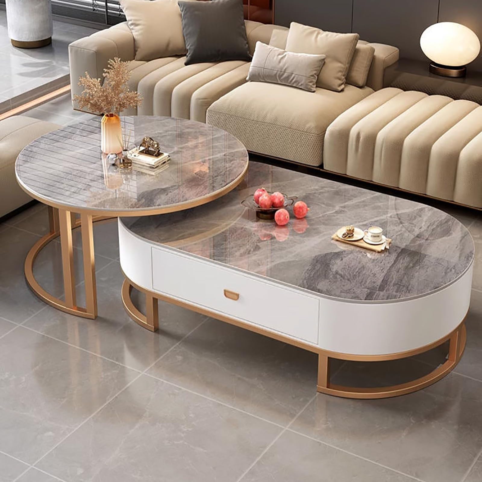 Set di 2 tavolini da caffè ovali in pietra per soggiorno, moderno tavolino da caffè annidato con struttura in acciaio, tavolino rotondo moderno per soggiorno, camera da letto, F, 80 x 45 + 120 x 60 x