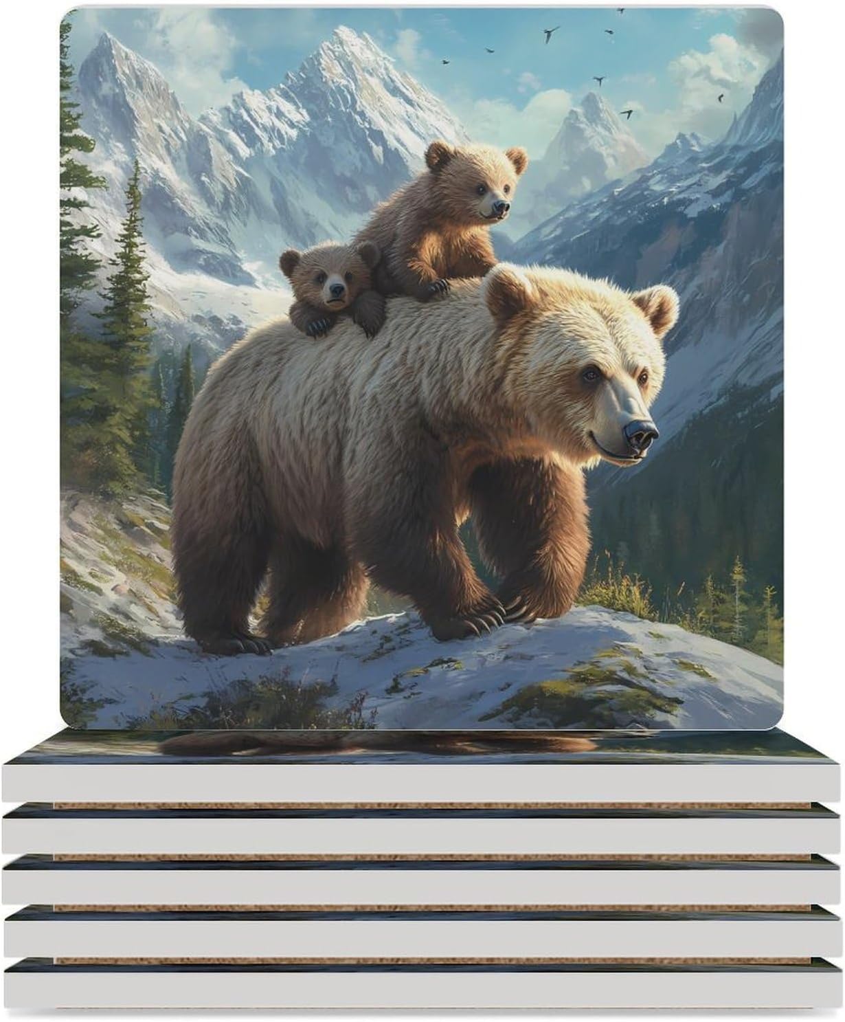 Bear Mama Wild Anima Coasters for Drinks Square Table Coasters Set Cup Mats with Cork Base