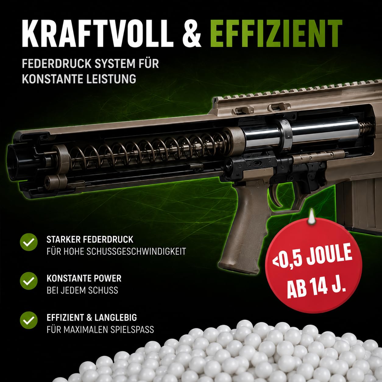 Fritz-Cell Set Airsoft Gewehr M82 140 cm Softair Waffe 0,5 Joule 6 mm inkl. Zweibein, Zielfernrohr, 500 Premium BB's 0,20g Munition FC31CD Dark Earth
