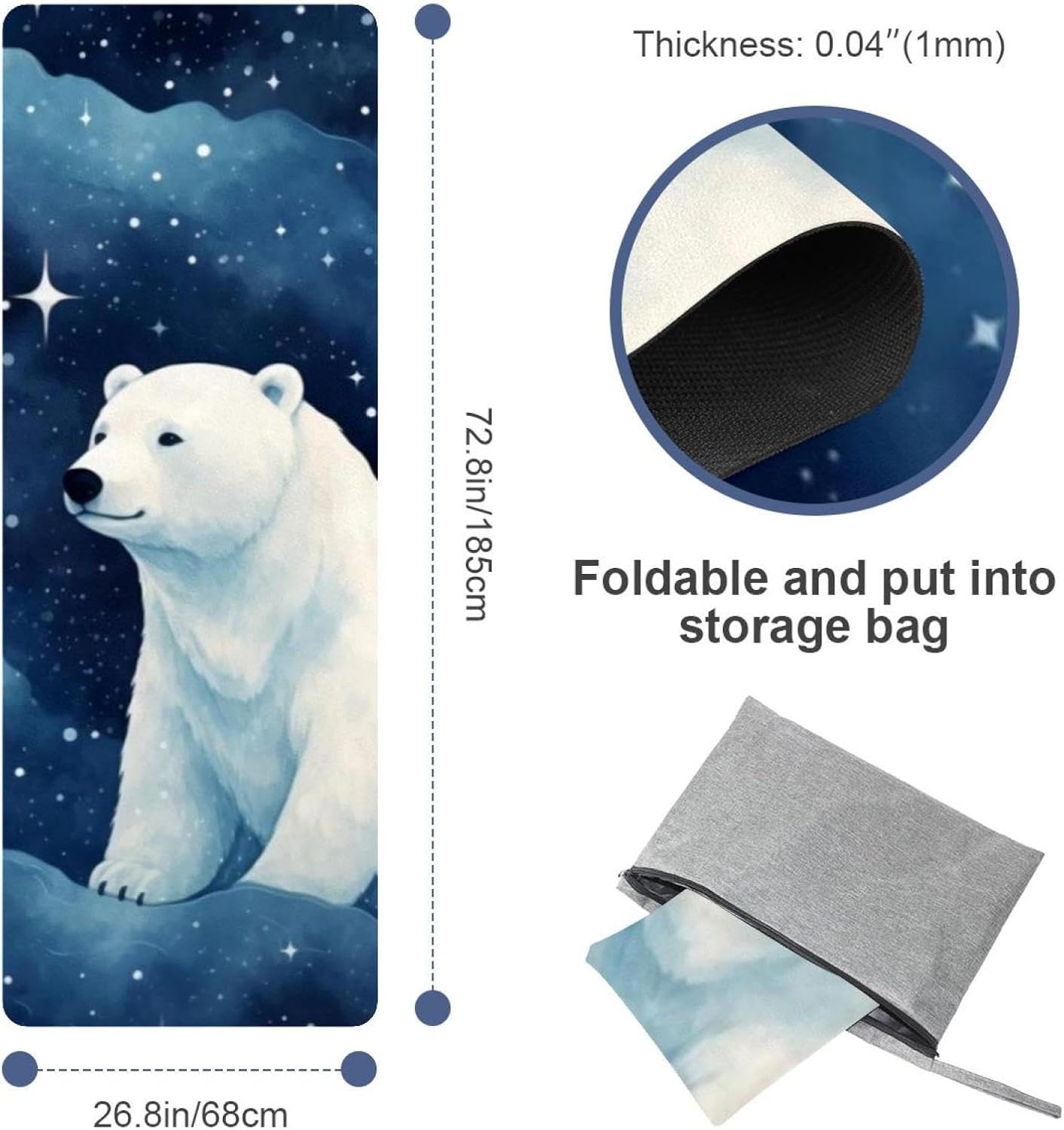 Yoga Towel, Galaxy Bear Pattern Non Slip Sweat Absorbent Hot Yoga Mat Towel for Hot Yoga, Pilates and Fitness - 72.8" x 26.8"