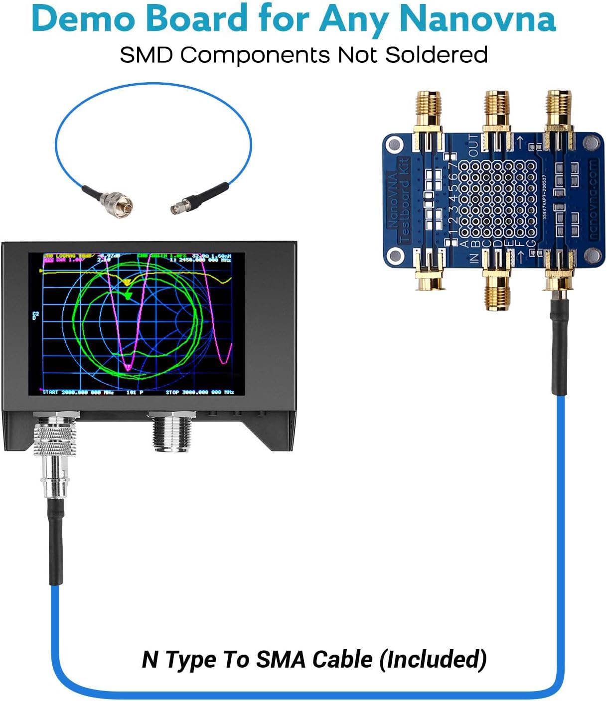 Analizador de antena NanoVna SAA-2N VNA, analizador de red vectorial SEESII 50KHz -3GHz con bolsa y kit de placa testboard, 4 pulgadas LCD, HF VHF UHF medición S parámetros