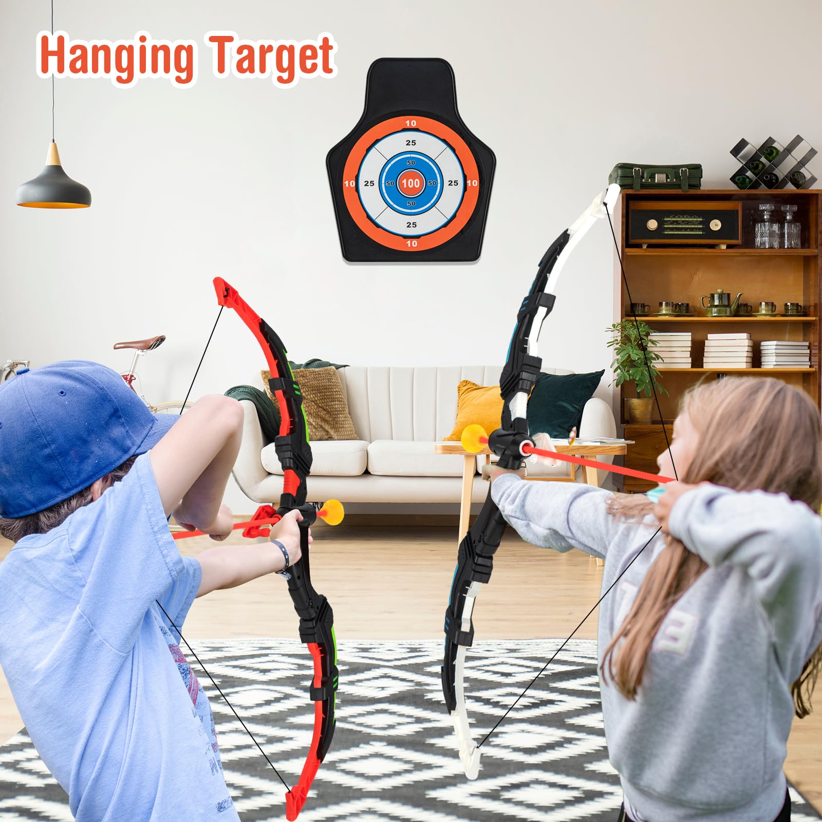 HOMASIS Set di Arco e Frecce per Bambini, Giochi all'Aperto per Bambini con 2 Archi/ 20 Frecce/ 2 Faretre/Bersaglio, Tiro al Bersaglio Bambini con Luci LED Lampeggianti, Regalo per Bambini dai 3 Anni