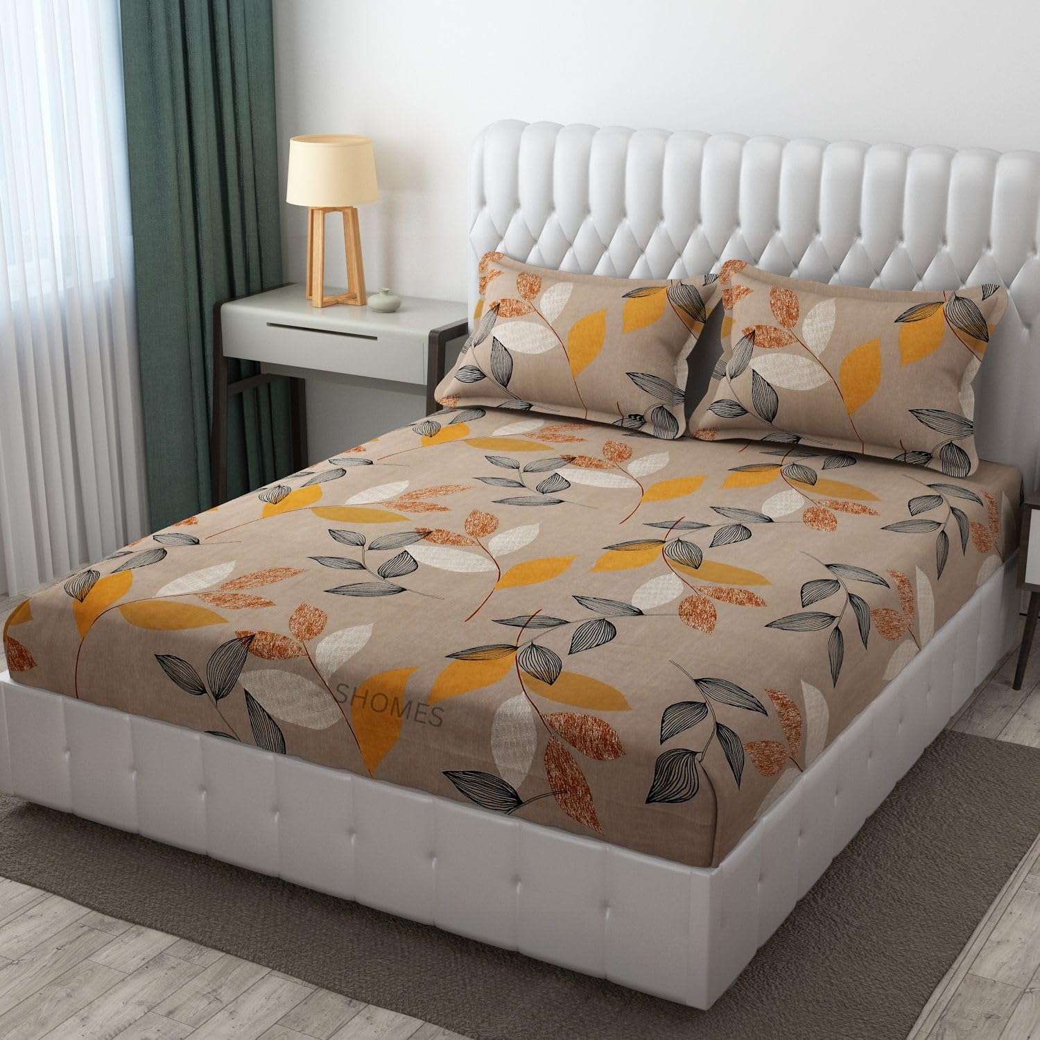 SHOMES 100% Pure Soft Cotton Elastic Fitted Bedsheets 72" x 78", 1 All Around Double Bed Sheet with 2 Large Pillow Covers- Brown Leaf (B0CZLFKZKT) Amazon Price History, Amazon Price Tracker