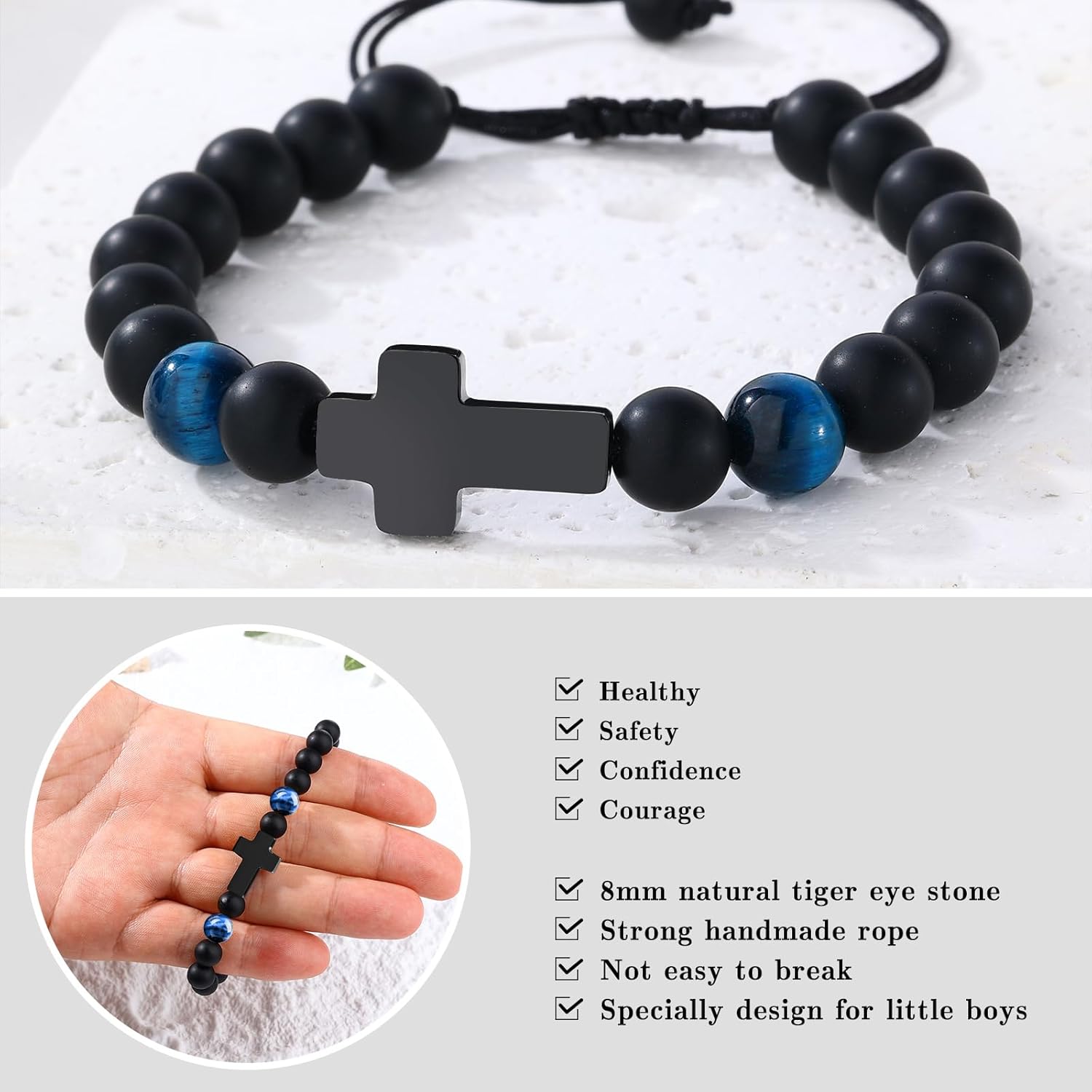 Cross Bracelets for Boys Teen Boy Gifts, Adjustable Tiger Eye Beads Bracelet Christmas Christian Baptism Birthday Jewelry Gifts for Son Grandson Teens Kids - Image 4
