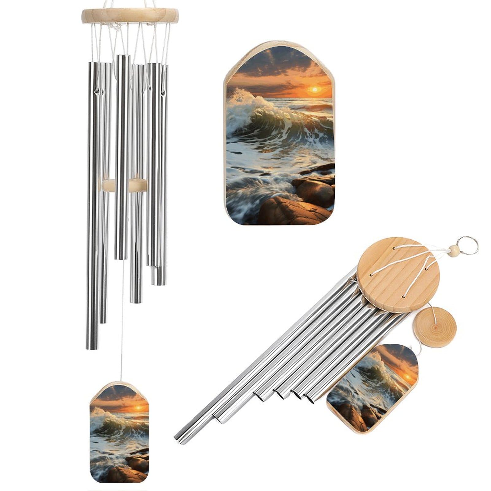 Outdoor Wind Chimes, Rocky Wave Sunset Painting Printed Wind Chimes,Simple Wind Chimes,Curtain Wind Chimes for Home Decoration