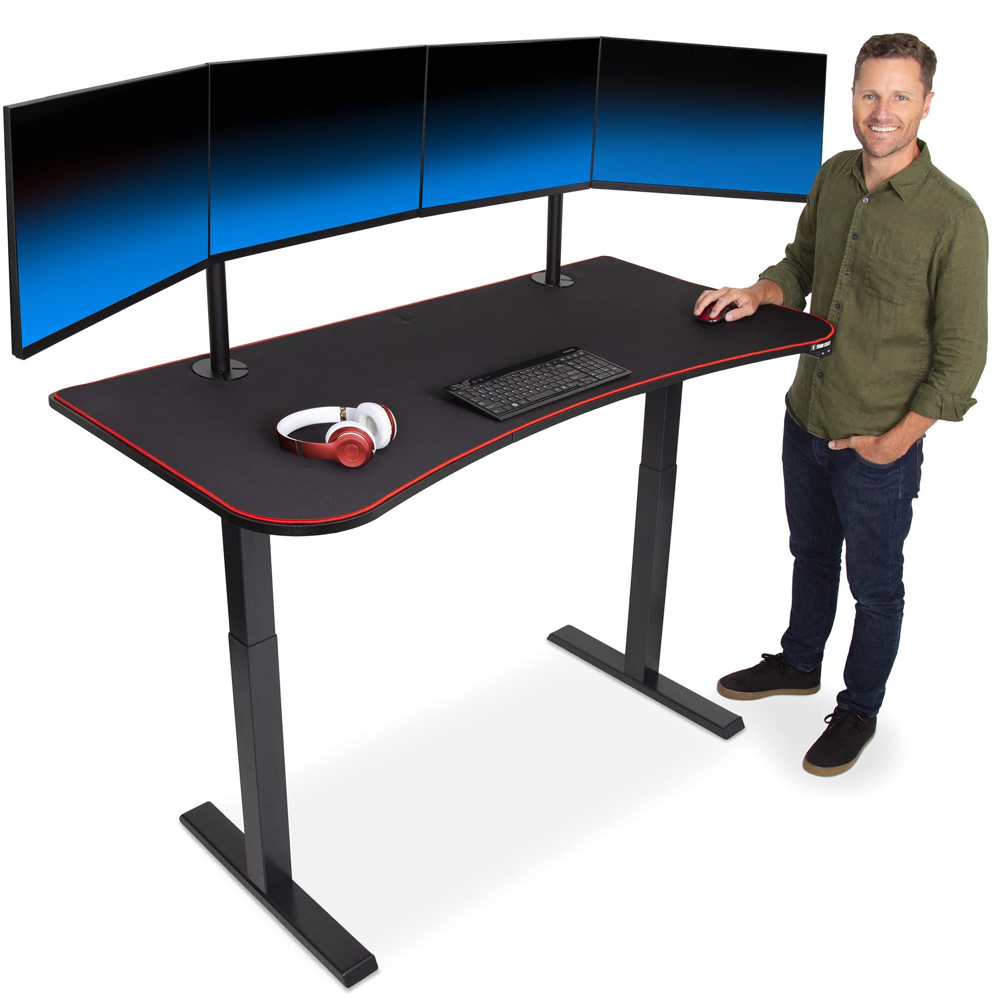 Stand Steady Tranzendesk Power | 63in Electric Gaming Desk | Extra Large Height Adjustable Electric Standing Desk | Ergonomic Computer Desk with 3 Monitor  Grommet Holes & Full Size Mouse Pad