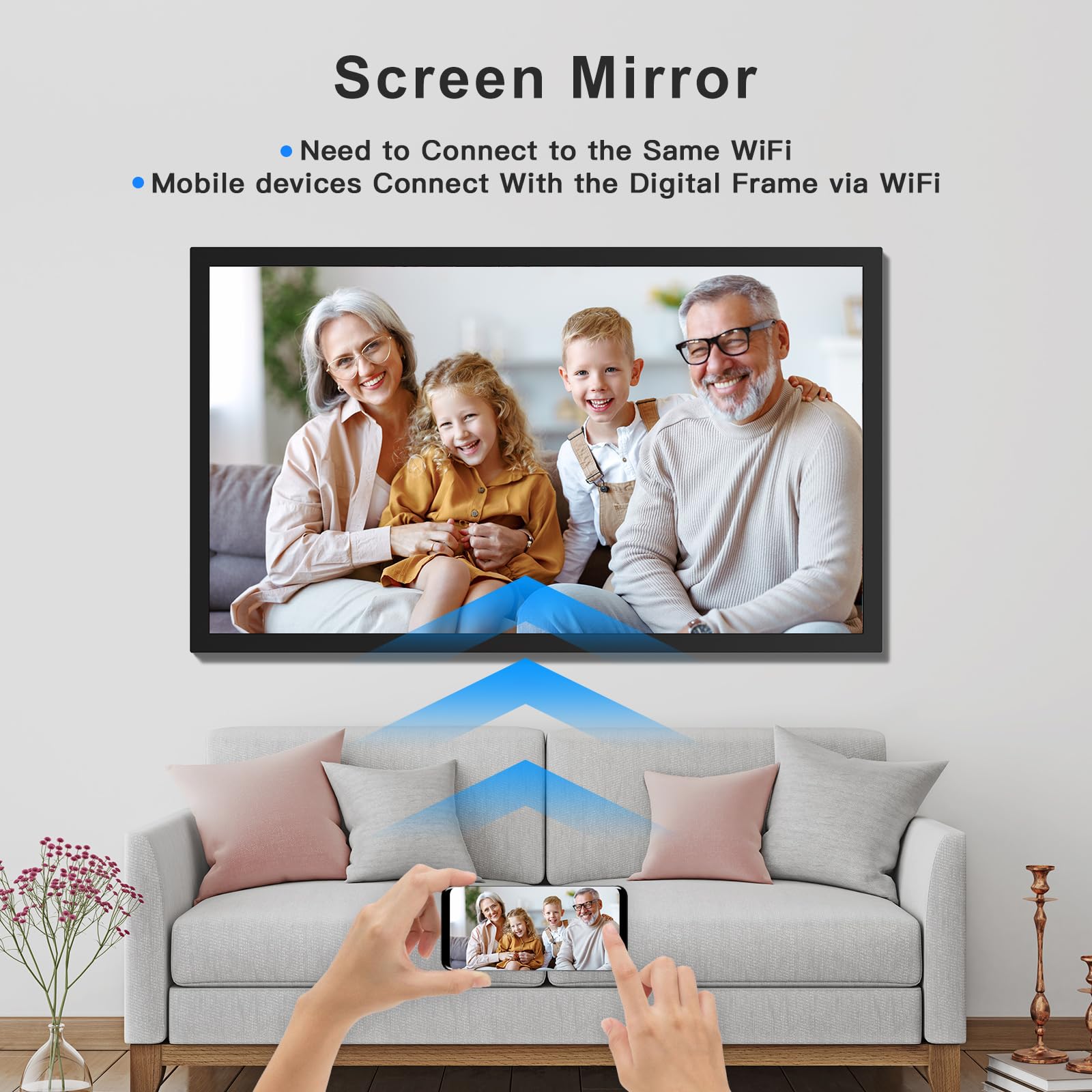Grand cadre photo numérique 54,6 cm WiFi – 32 Go, 1920 x 1080 IPS FHD 1080p, rotation automatique, partage de photos et vidéos via application e-mail, stockage gratuit dans le cloud, montage mural,