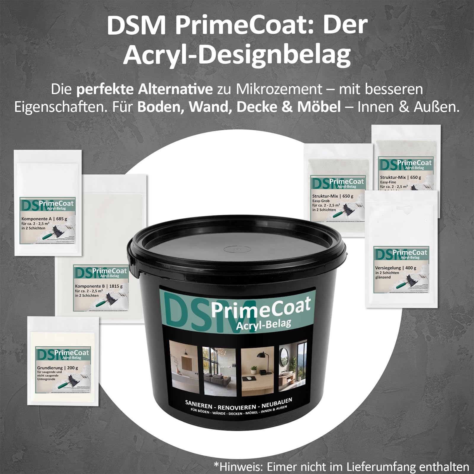 DSM PrimeCoat akrylowa wykładzina szpachlowa masa szpachlowa do bezspoinowego prysznica i łazienki – zestaw na ok. 4-5 m², M24 szary drogowy, wraz z mieszanką strukturalną Easy Fine – na ścianę