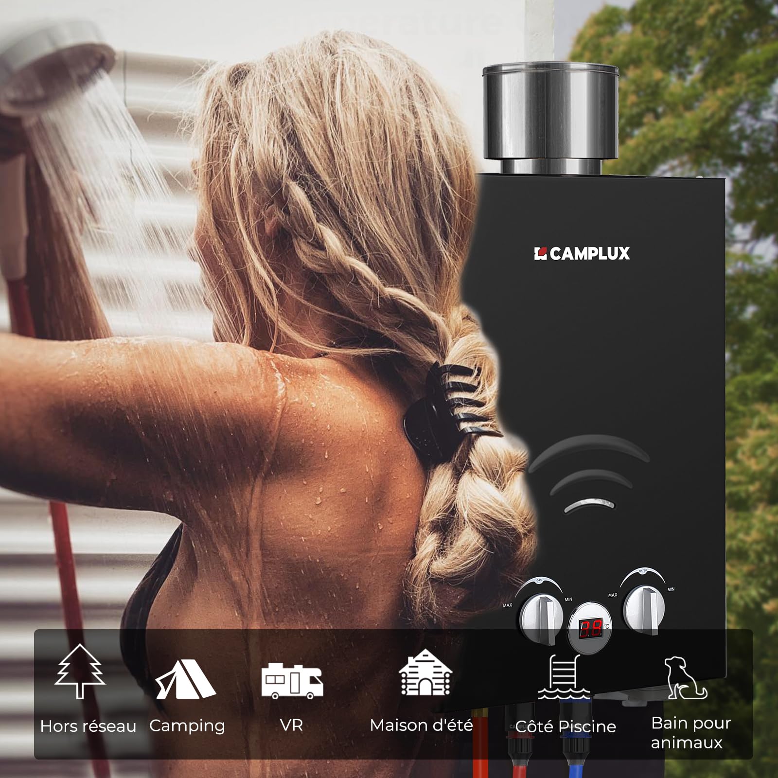Camplux BW158BC Chauffe-eau à Gaz à 6 Litres sans Réservoir, avec Couvercle de Pluie, Propane ou Butane, 12kW, Noir
