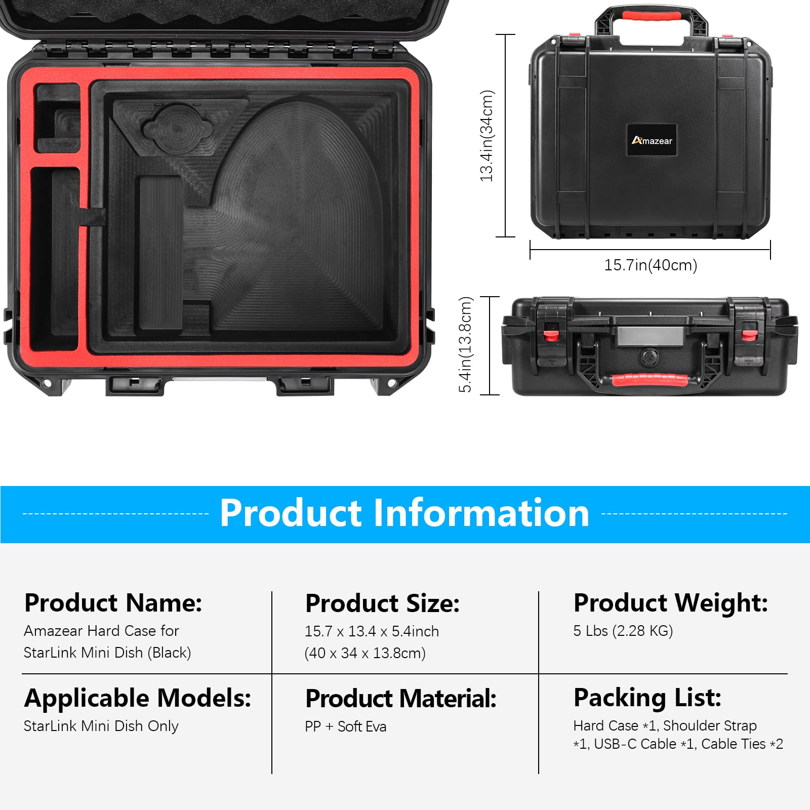 AMAZEAR Starlink Mini Accessories Waterproof Hard Case, torba do przenoszenia dysków Starlink, kompatybilna ze stojakiem, zasilaczami, kablami i innymi akcesoriami.