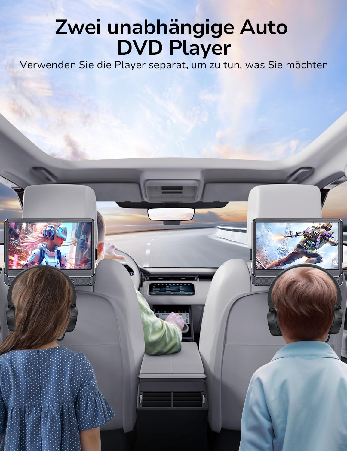 GOnavidio 12" DVD Player Auto 2 Bildschirme, 5 Stunden Wiederaufladbar Kopfstütze für Auto mit 1080P HDMI-Eingang, Kopfhörern, unterstützt USB/TF-Karte, Sync Screen, regionsfrei, letzter Speicher