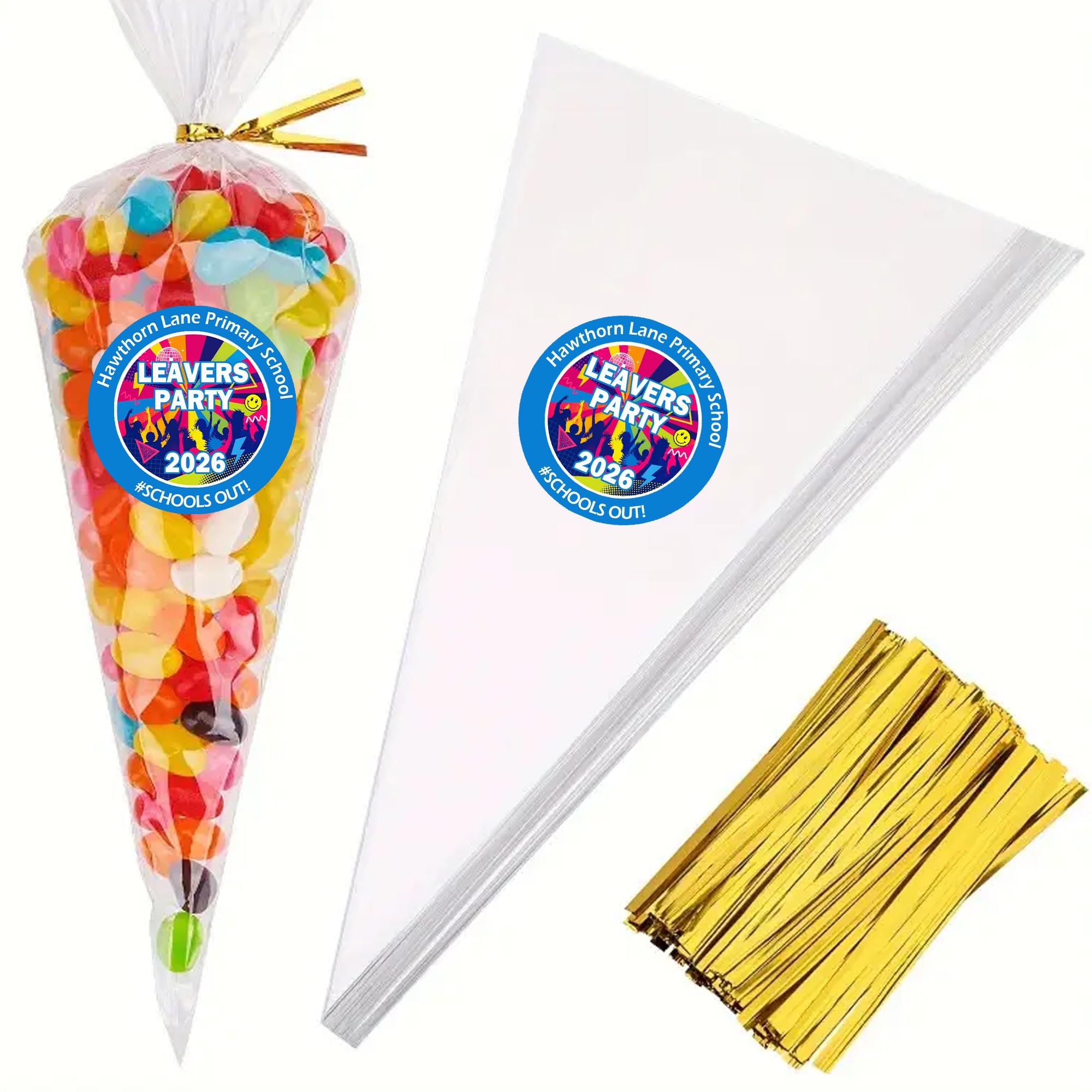 Personalised Class of 26 Leavers Party Stickers – Round Labels for Party Bags, Keepsakes, or Celebration Favours – Memorable Graduation Send-Off - 24 Stickers & 24 Unfilled Cones - Blue