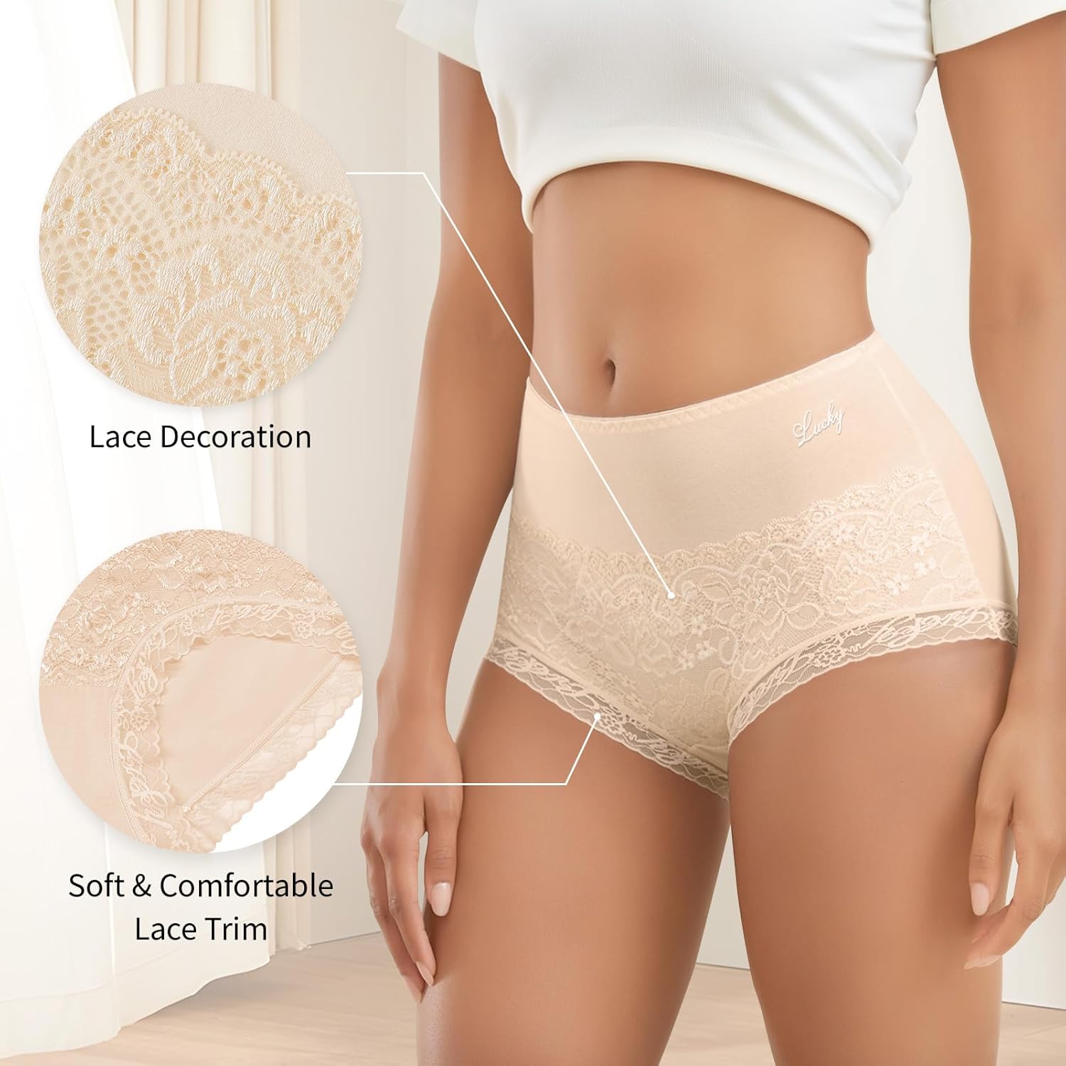 Womens Mid Waisted Cotton Underwear Soft Lace Stretch Paintes Comfort Breathable Full Coverage Ladies Brief Multipack - Image 3