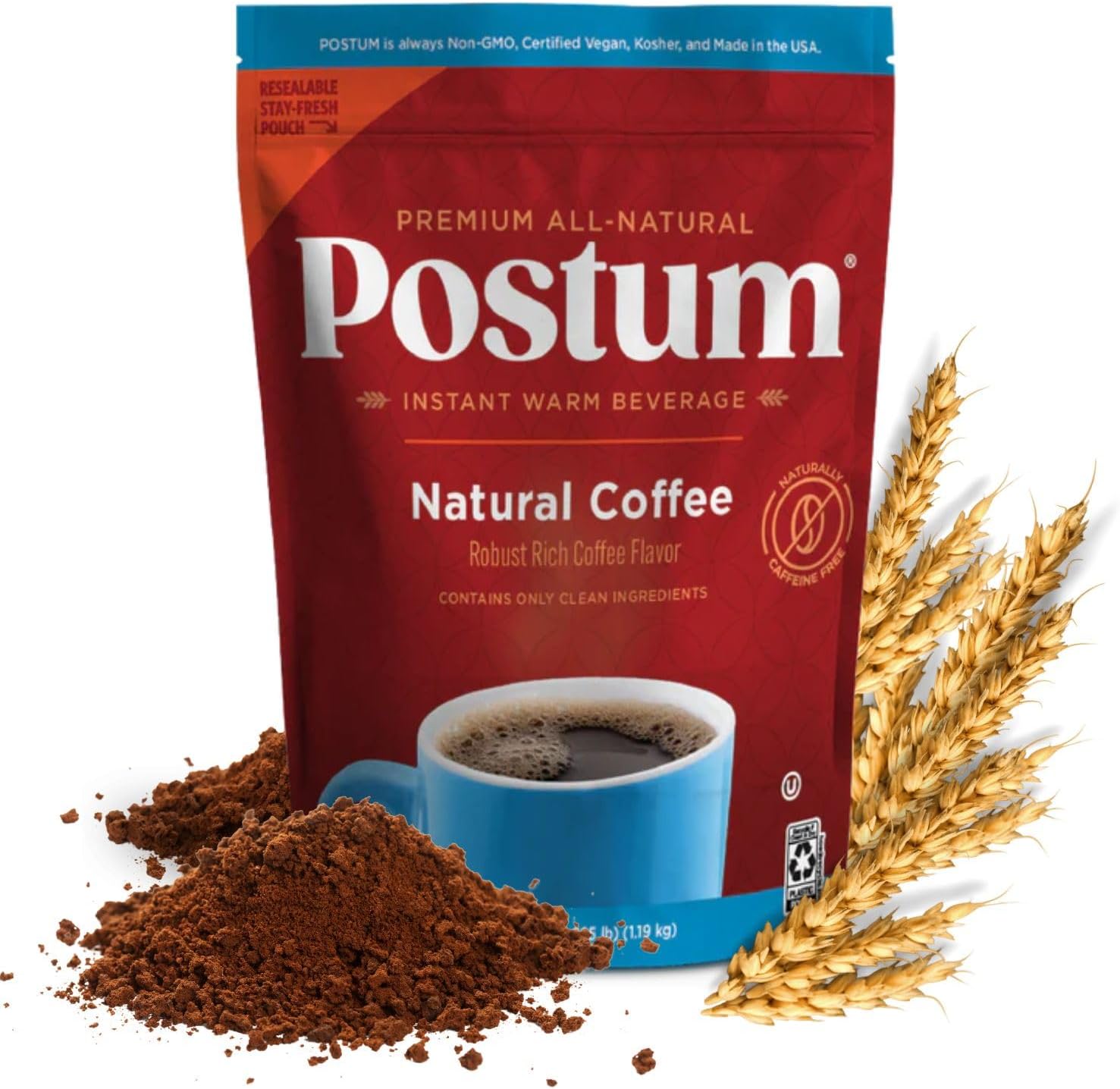 Natural Coffee Flavor Coffee Substitute Pouches (42oz) Coffee Alternative Caffeine Free with Roasted Wheat Bran & Molasses | Non-GMO, Vegan Coffee Replacement Drink | Gourmet & Pantry Pack