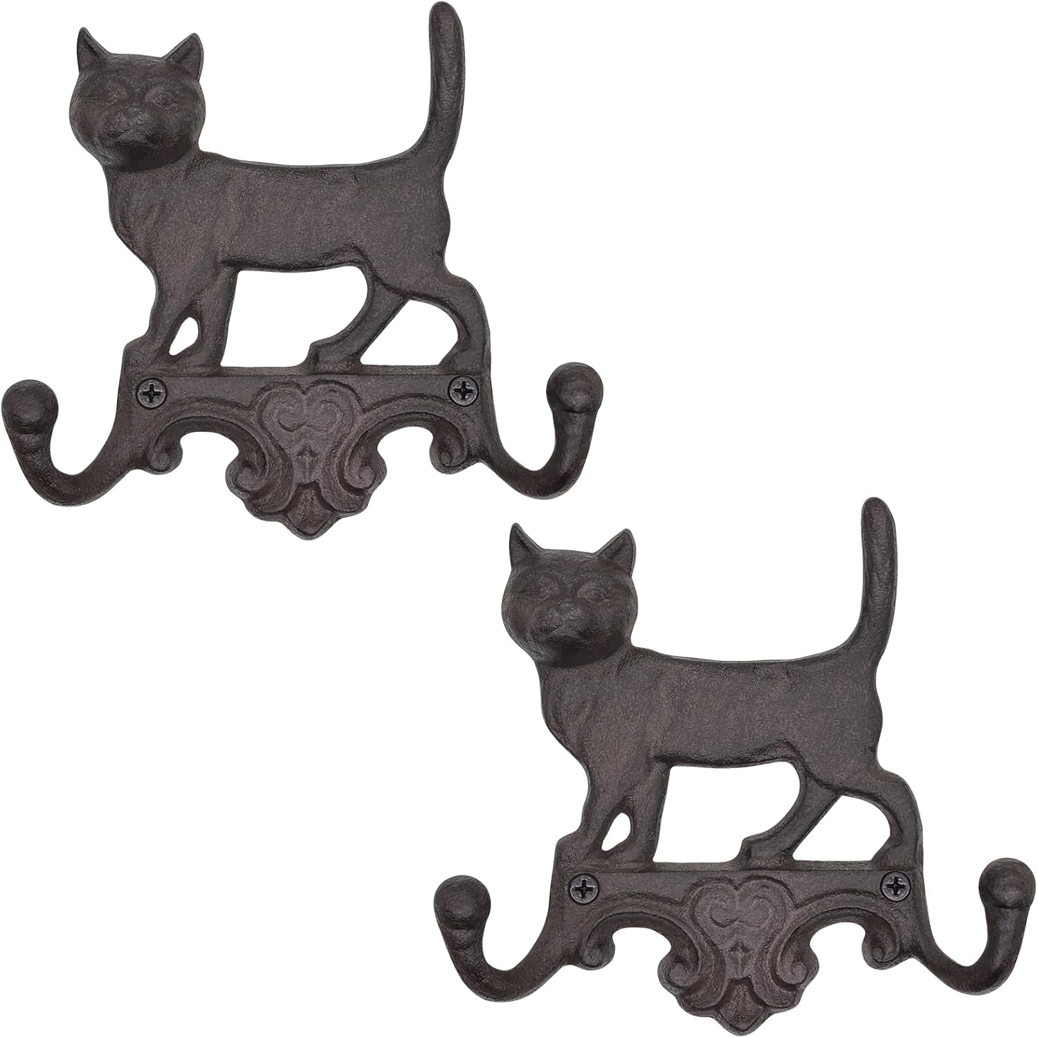 Cast Iron Cat Wall Hooks for Hanging, Decorative Heavy Duty Coat Hooks Wall Mount Key Hanger Leash Holder Vintage Farmhouse Entryway Mudroom Cute Animal Decor Rustic Black 2 Pack