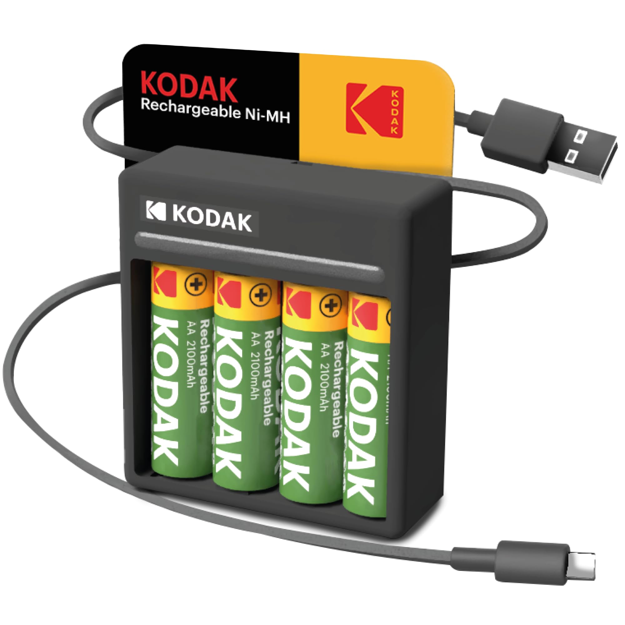 Kodak Lot de 4 piles AA rechargeables avec chargeur de batterie USB-C à 4 emplacements (sans adaptateur inclus), compatibles avec piles AA et AAA (NiMH), charge double A ou triple A, 1000 cycles de