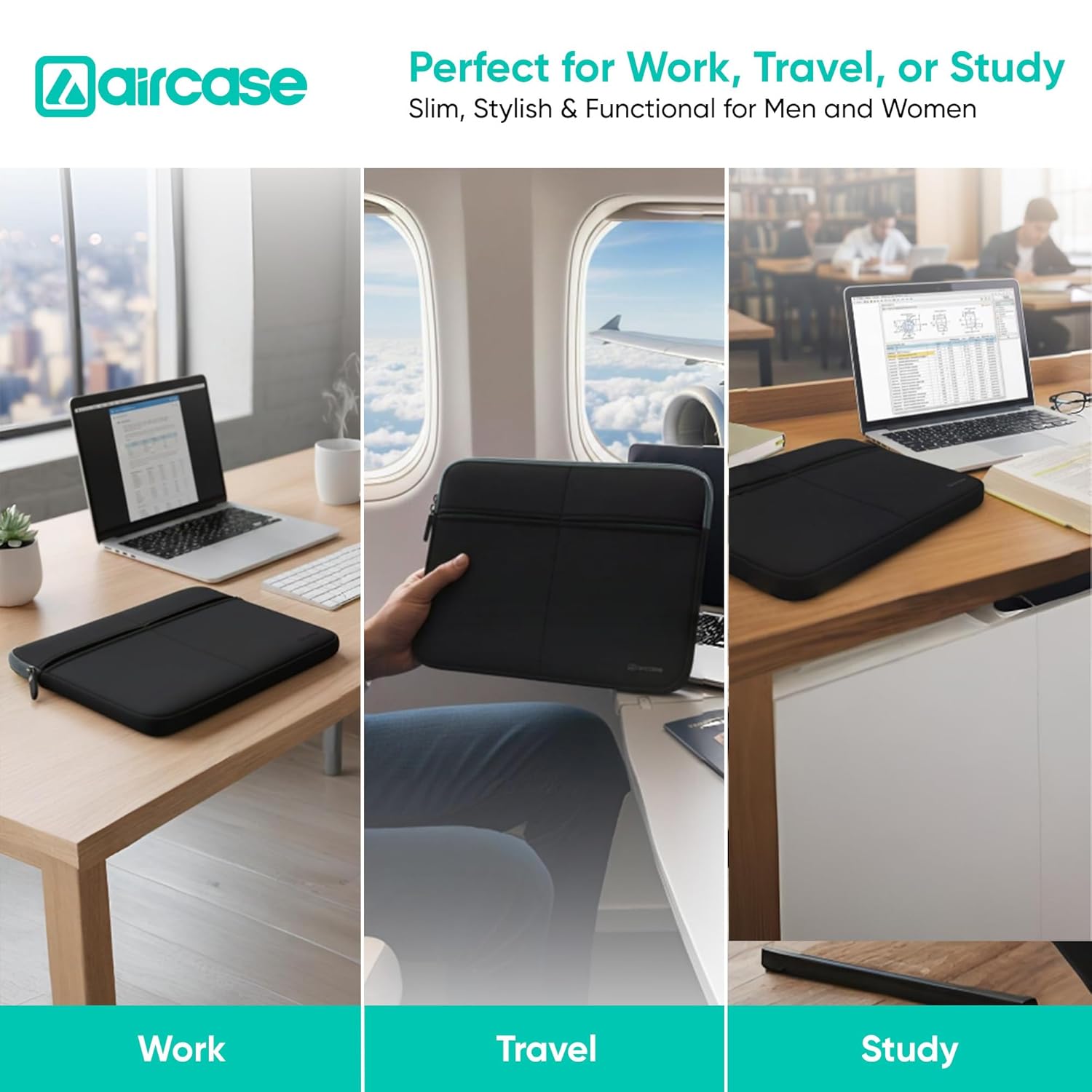AirCase Premium Laptop Bag with 6 Pockets fits Upto 13.3" Laptop/MacBook, Wrinkle Free, Padded, Water Resistant Light Neoprene case Cover Sleeve Pouch, for Men & Women, Black 17