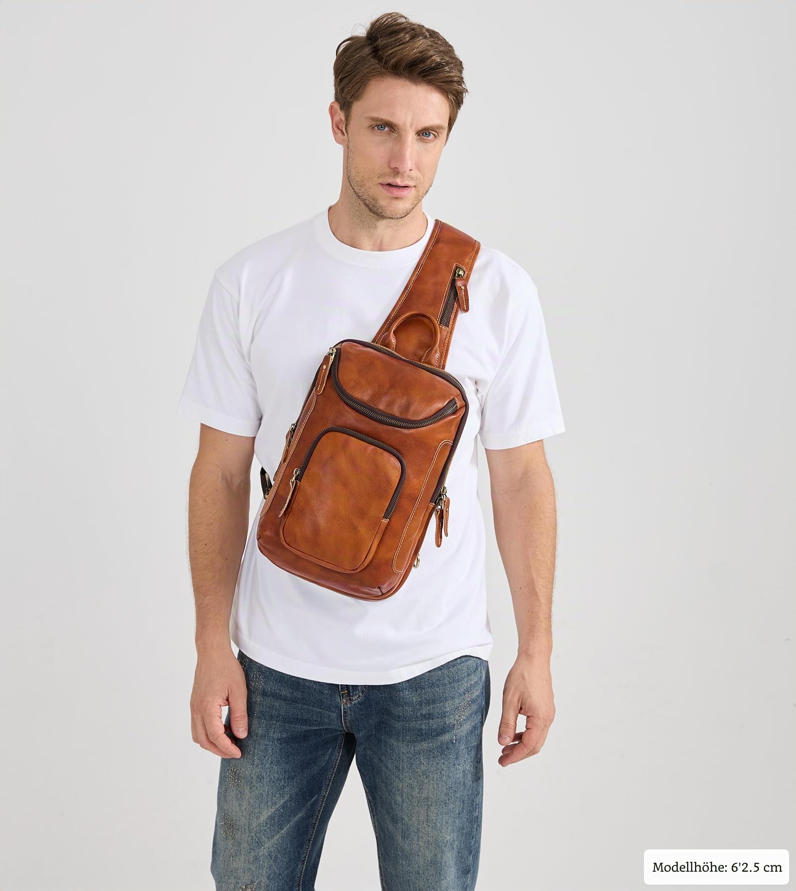 LANNSYNE Vintage Vollnarbenleder Sling Bag Crossbody Chest Daypack, gelb, Leather Sling Bag Fits 10.5" iPad, Leder-Tragetasche für 26,7 cm (10,5 Zoll) iPad
