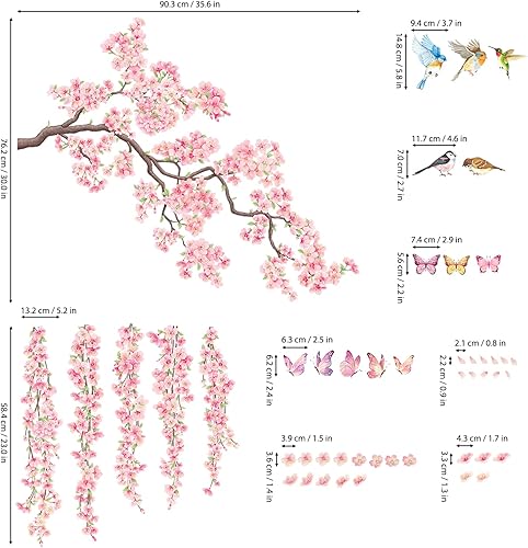 Miniatura 6 de DECOWALL SG3-2320 Pegatinas de pared de flor de cerezo calcomanías de ramas pájaros mariposas arte dormitorio floral flores niñas hogar niños