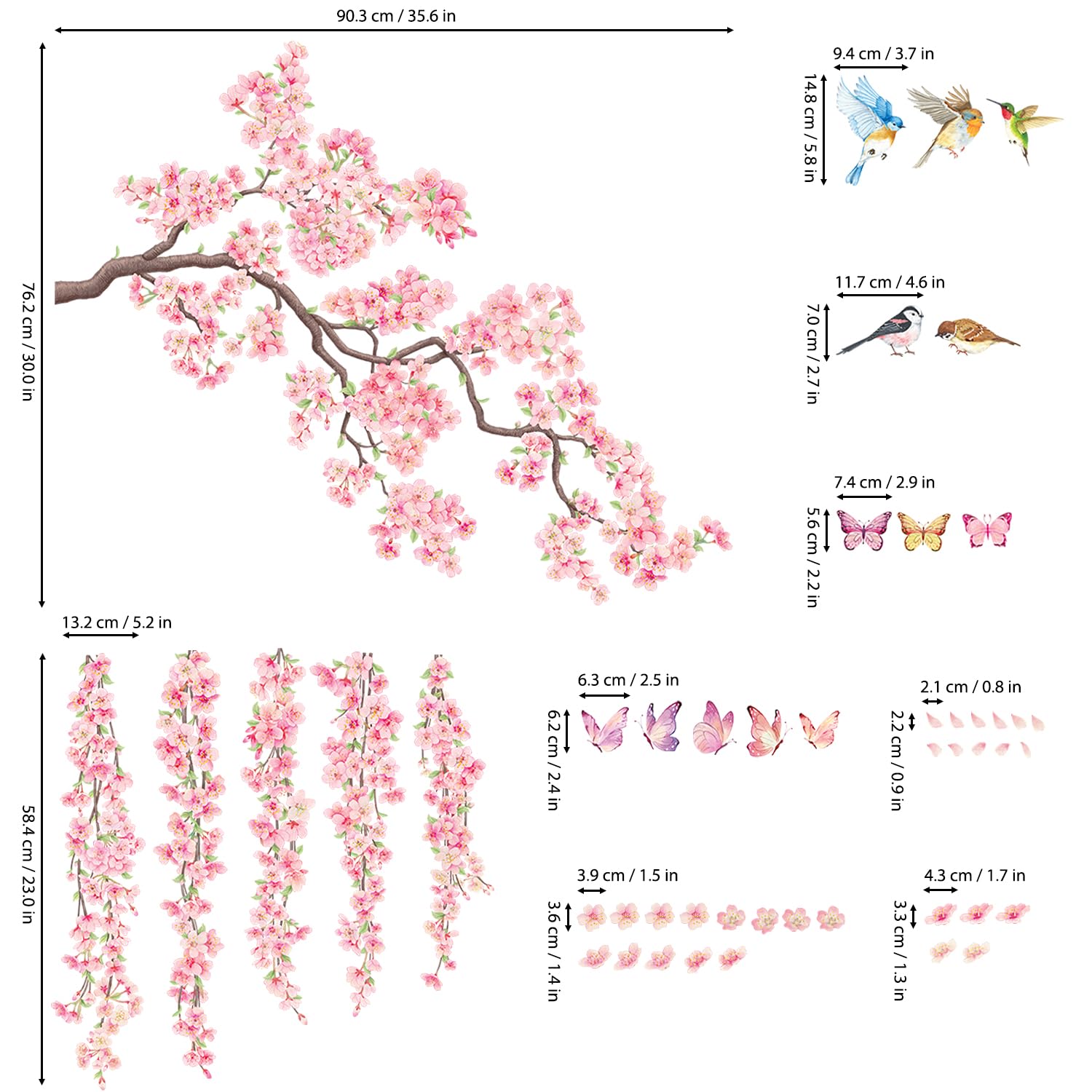 Adesivo da parete con albero di ciliegio, fiori e rami, in 6 misure