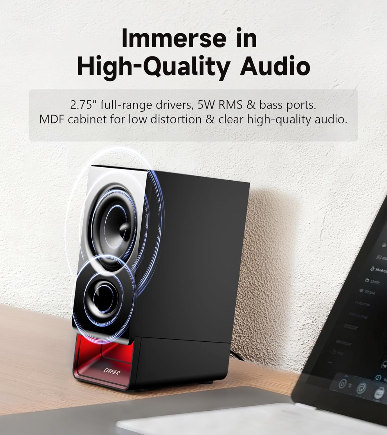 Edifier R20BT Computer Speakers, 2.75" Full-Range Drivers, Bluetooth 6.0, Touch Controls, AUX & USB-C Inputs, Headphone Jack, Custom Ambient Light & Sound Profiles via APP - Black