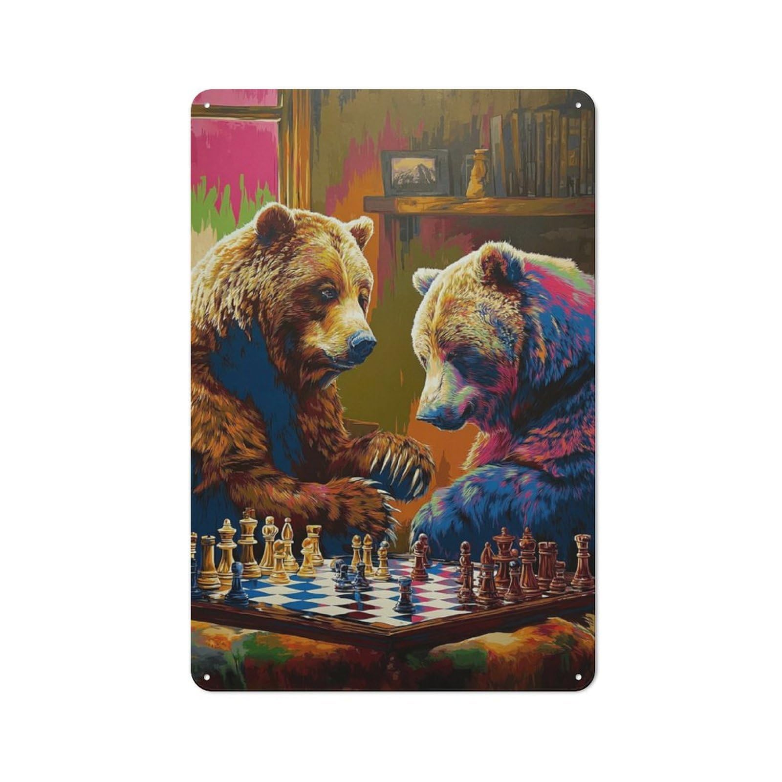 Junmoney Bears Playing Chess A Colorful Encounter Tin Wall Plaque 30X20cm With For Kitchen Or Home Bar, Suited To Kitchen Decor Lovers