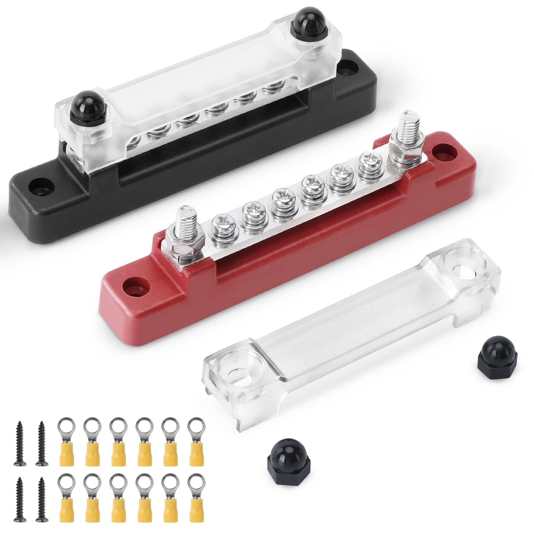 2 Stück Sammelschiene 12V-48V DC Sammelschienen Verteilerblock 150A Busbar Stromverteilungsblock mit 2x M4 Klemmenbolzen,12 M4-Anschlussklemmen,12V Verteiler für Auto LKW Boot (Rot Schwarz)