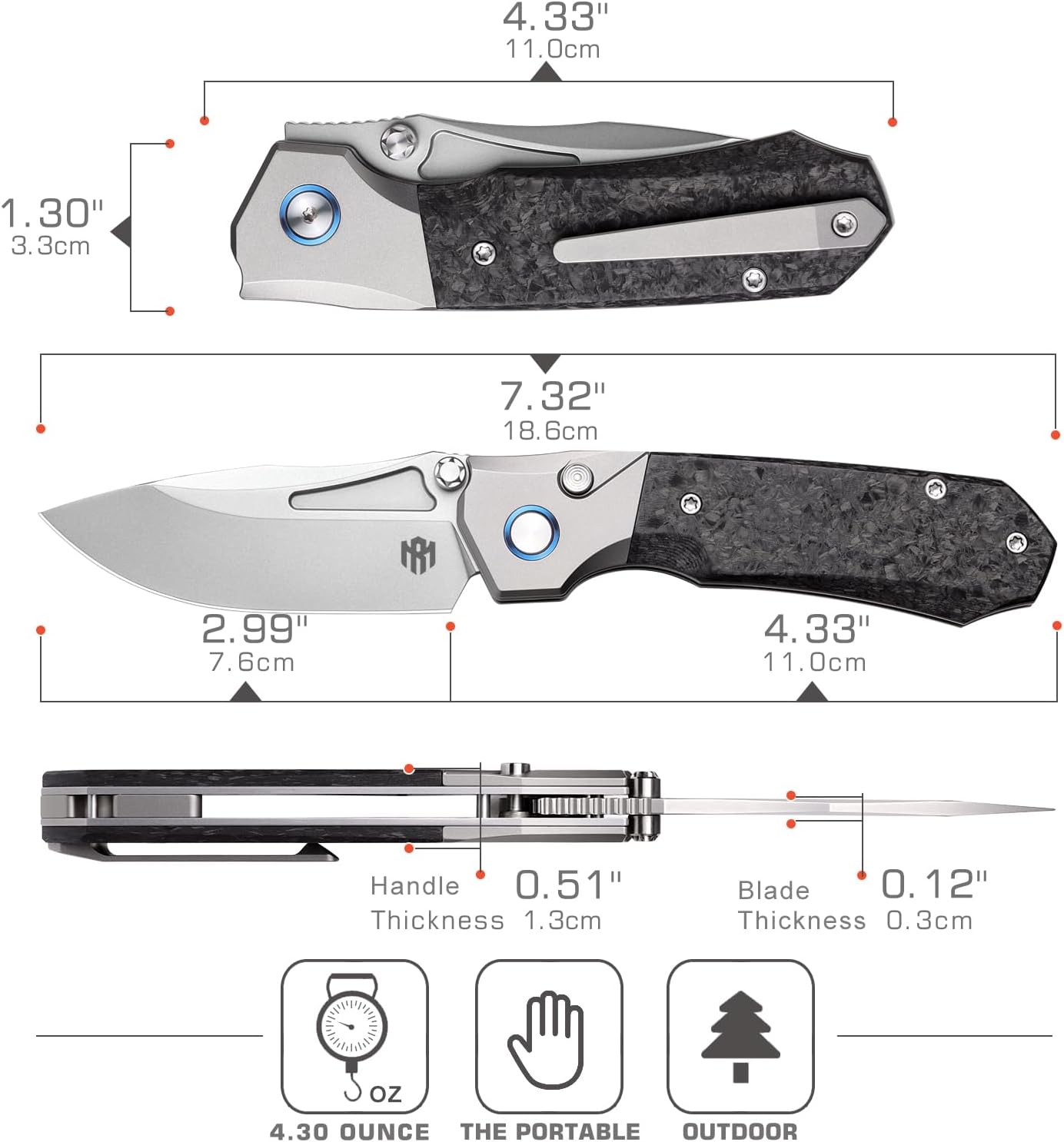 REMETTE Rhino Series EDC Pocket Knife, Pearlescent M390 Blade, Carbon Fiber Handle with Titanium Cilp, Sharp Fishing Camping Folding Knives for Men and Women (carbon fiber)