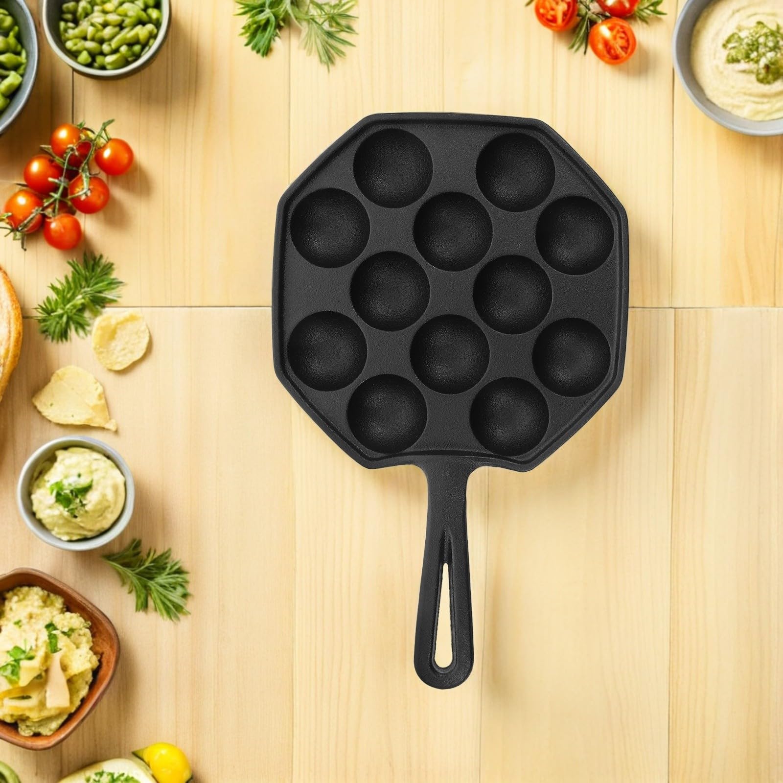 Housoutil Padella in Ferro Fuso a 12 Fori, Nera, per Cottura | Dimensione Compatta, Uso Versatile, Adatta a Riunioni e Cucine Piccole, Manutenzione Semplice