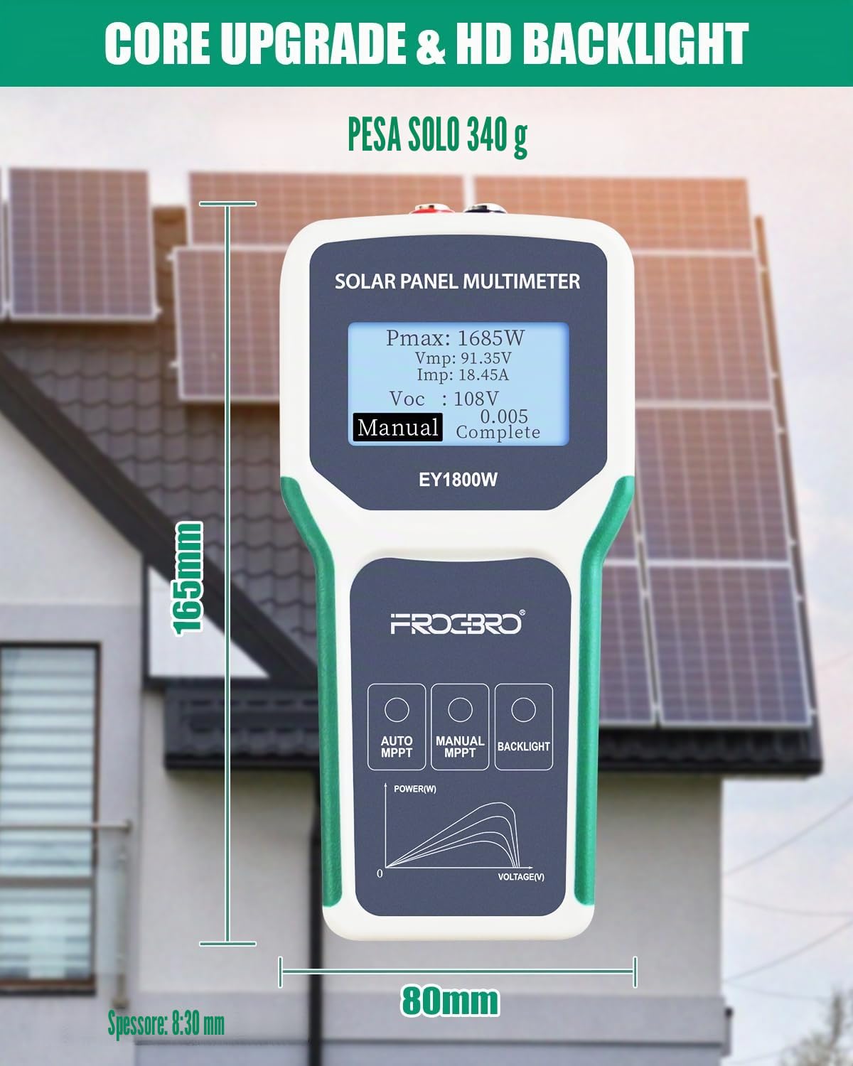 Pannello solare EY-1800 W, multimetro migliorato, con display LCD trasparente, strumento Smart MPPT per test solari