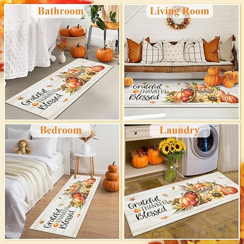 Miniatura 5 de HEBE - Juego de 3 alfombras de cocina de otoño, antideslizantes, de granja, a cuadros, calabazas, alfombras de cocina lavables para piso, alfombra