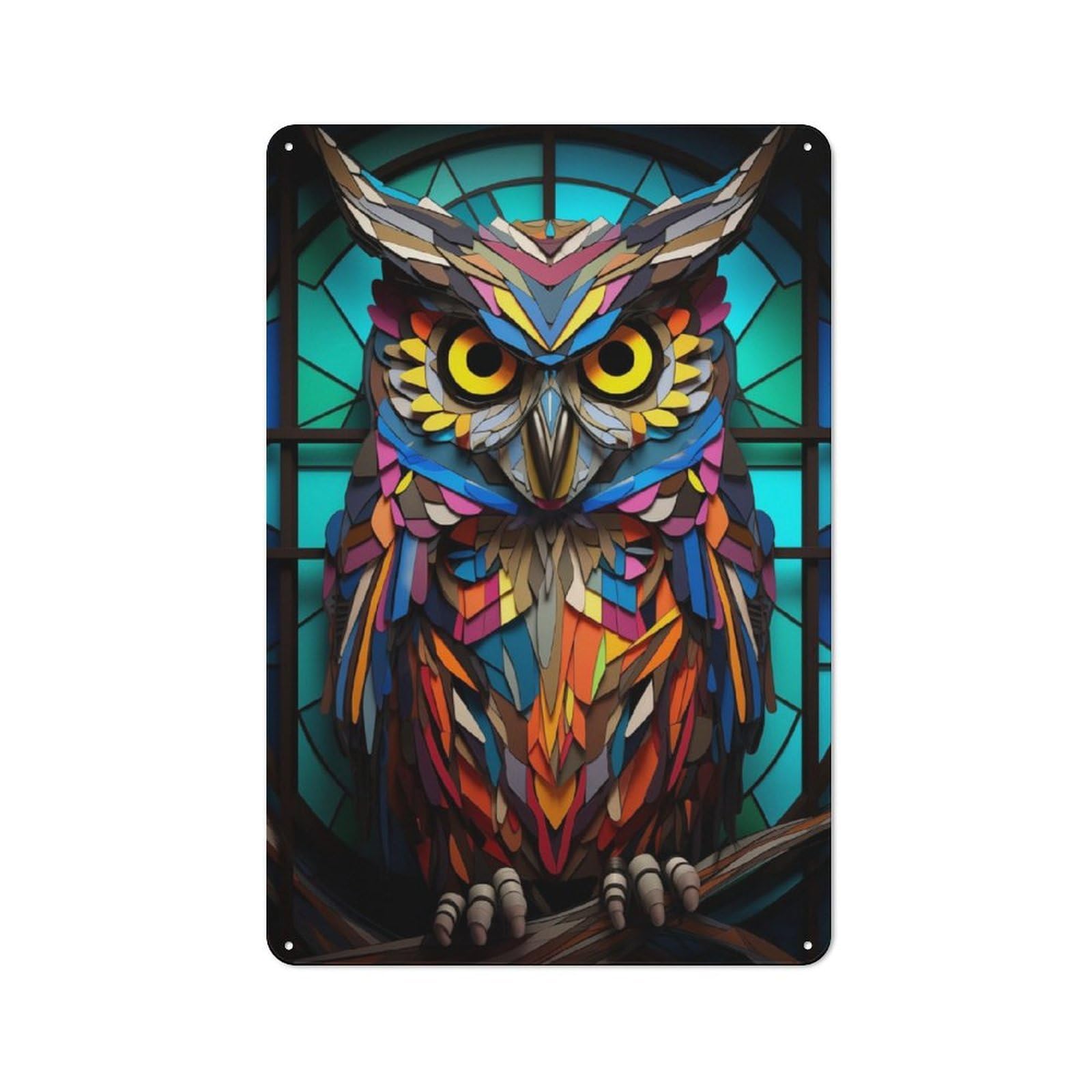 Junmoney Owls Vision Stained Glass 30X20cm Rustic Metal Plaque With For Café Or Restaurant, For Themed Interiors In Cafés And Restaurants