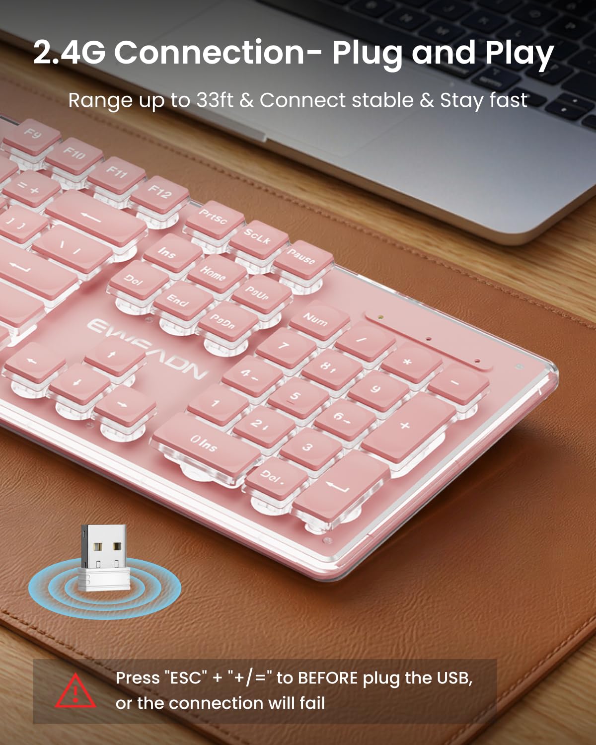 SEUNKWANG EWEADN X7S - Tastiera wireless con retroilluminazione bianca, pannello in metallo, 2,4 G, ricaricabile, silenziosa, per Win e Mac, colore rosa