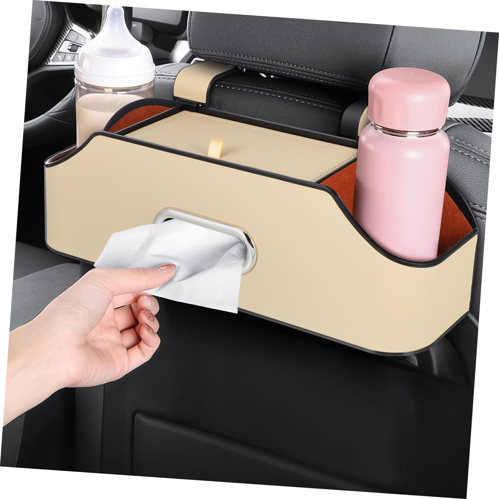 Cabilock Caja Organizadora Portavasos Doble para Asiento Trasero de Coche y Tejido Interior Suave para Dispensador de Pañuelos en Interior de Automóvil