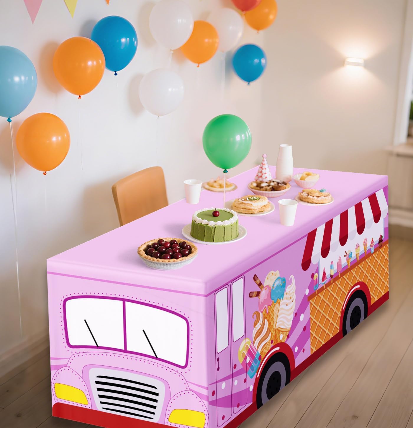 6 FT Ice Cream Truck Tablecloth Ice Cream Table Cloth Washable Fabric Polyester Rectangle Table Cover for Baby Shower Sweet One Birthday Donut Themed Party Decorations