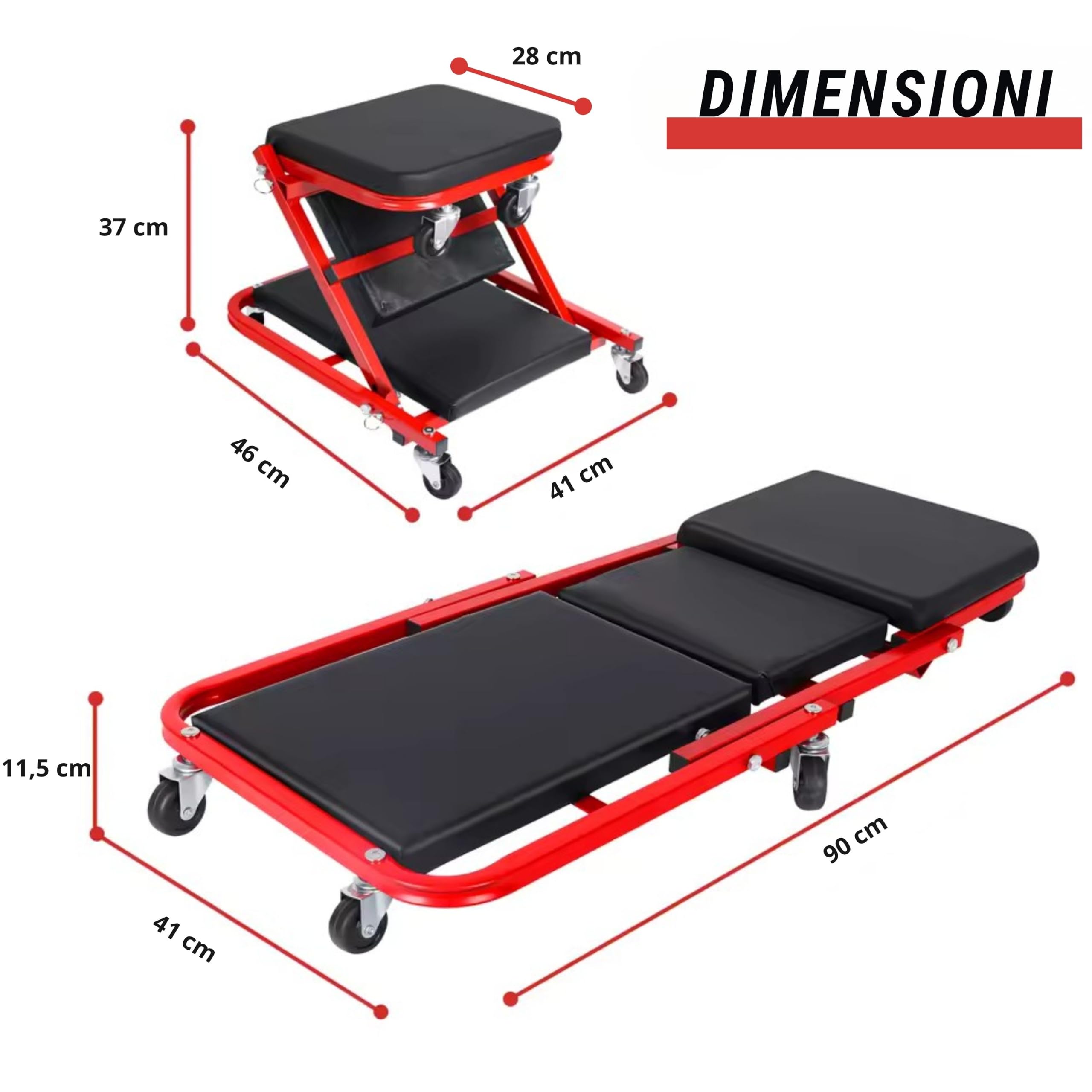 YASTA Carrello sotto Auto 2 in 1 Sgabello da Officina Meccanico Lettino Pieghevole 90cm Portata 150Kg Sedile Riparazione Imbottito con 6 Ruote Girevoli