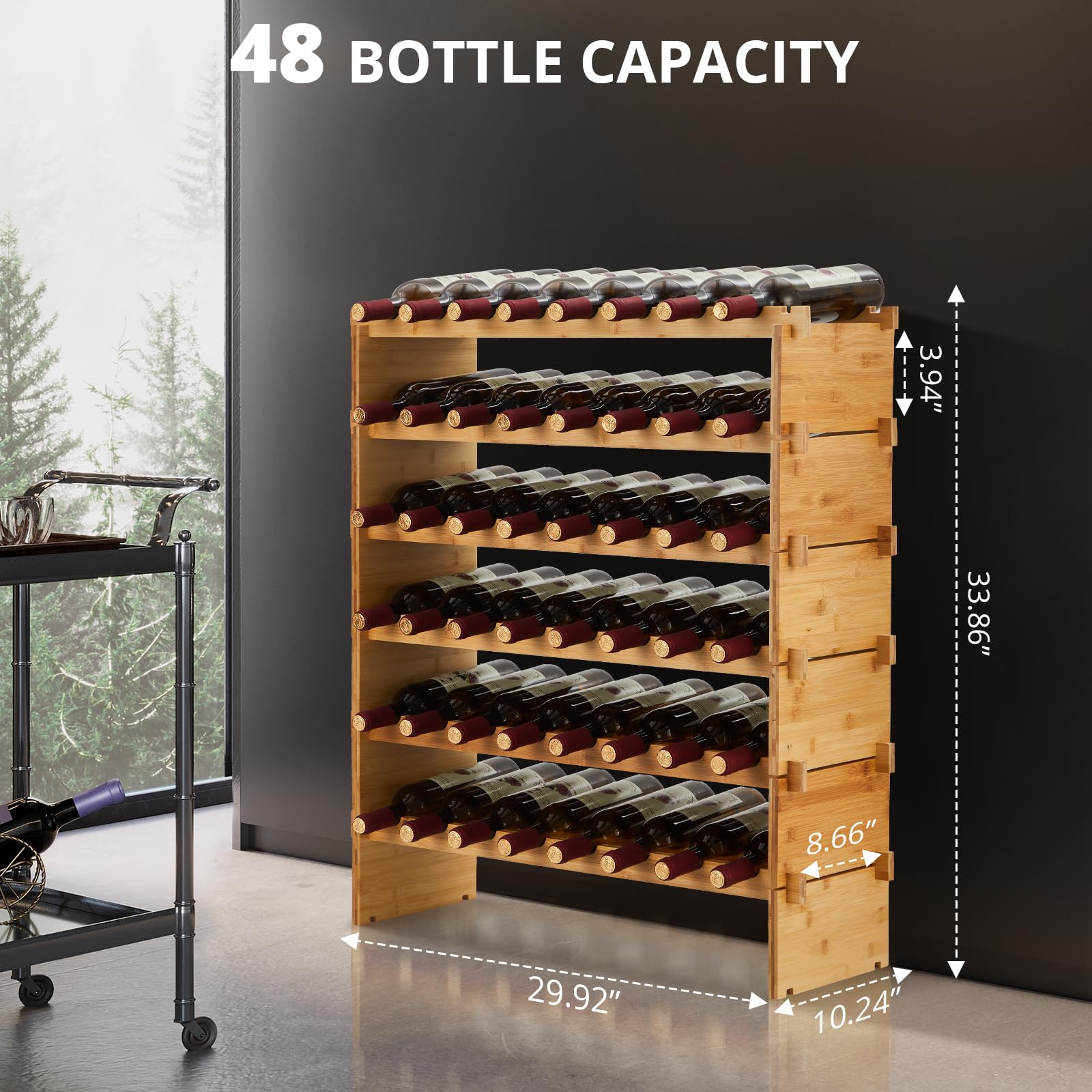 Estante modular apilable de bambú para vino – 6 niveles, capacidad 48 botellas, diseño estable para suelo o encimera, organizador de madera para bar y gabinete, 76x26x76 cm, capacidad: 48 botellas