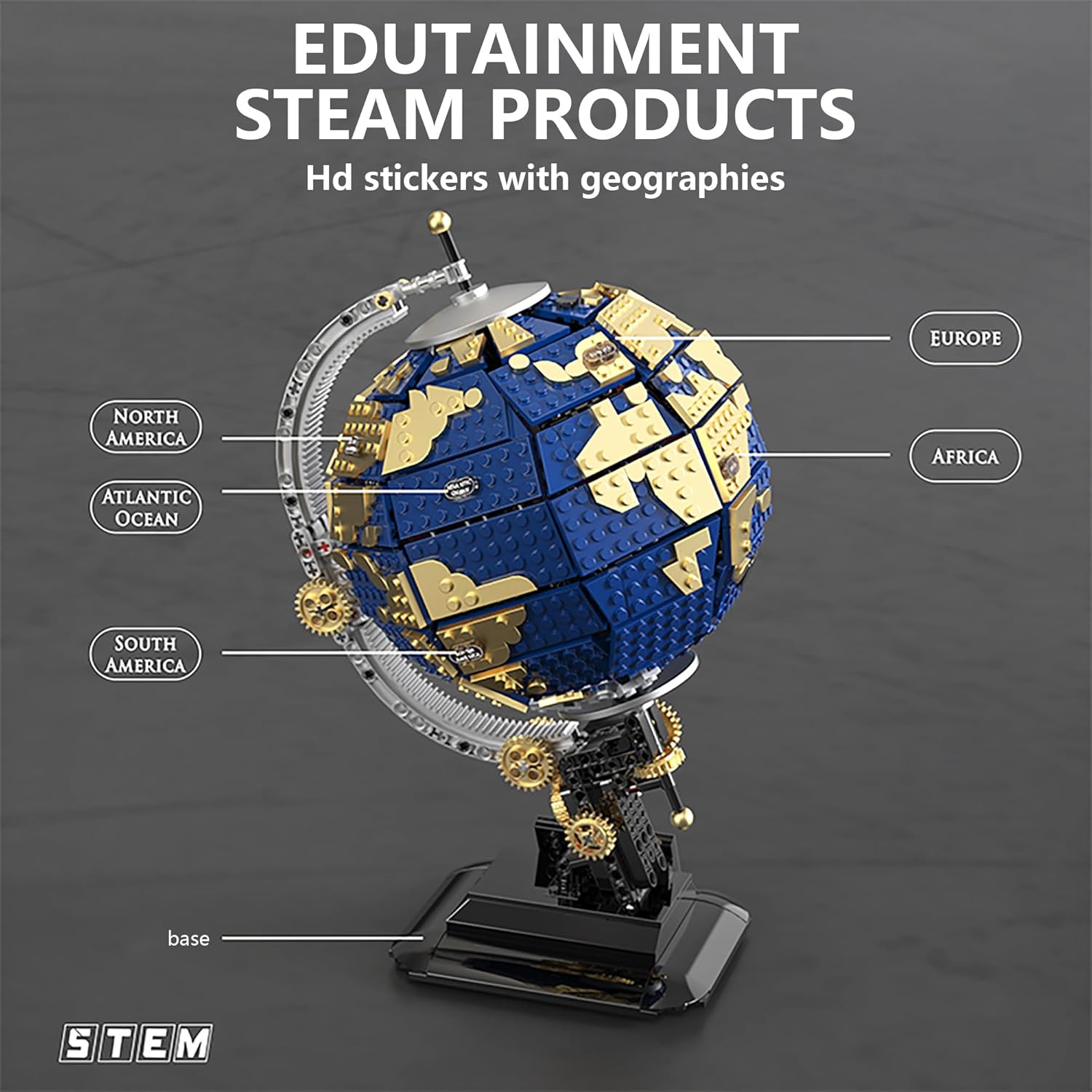 World Map Block Puzzle Set (1455 Pieces), Spinning Globe Model Set, STEM Education Toys for Children, Geography Learning Games, Birthday Presents for Boys and Girls 8-12-14 Years Old