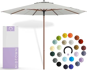 Midtown Umbrellas The Wooden 9 Feet Patio Umbrella With Terylast Off Cream Off White Polyester Fabric - Aluminum Frame Market Umbrella For Backyard, Deck, Garden, Pool - Wooden Pole
