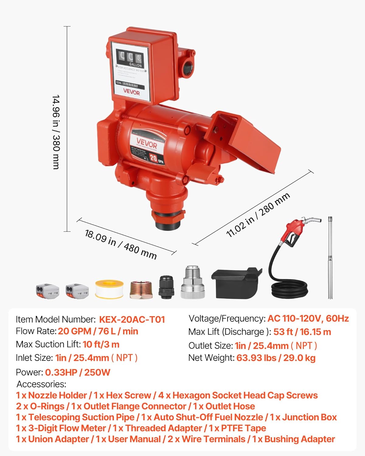 VEVOR Fuel Transfer Pump 110V, 20 GPM 76 L/min, AC Electric Oil Transfer Pump, with Meter, Auto Shut-Off Fuel Nozzle & Discharge Hose, High Flow for Gasoline, Diesel, Kerosene, Biodiesel, Ethanol