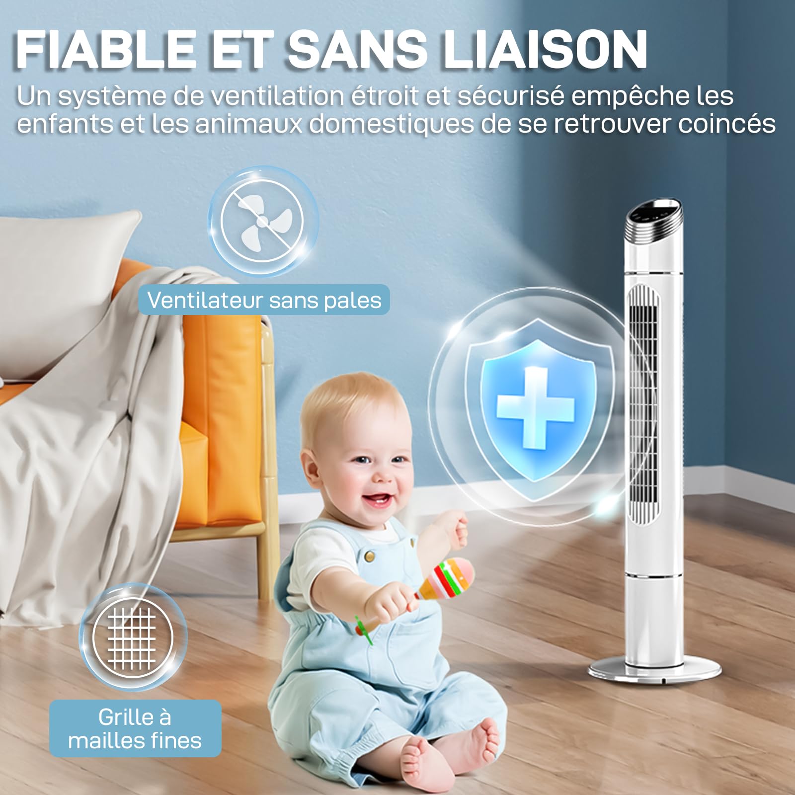 LEADZM Ventilateur Colonne 90W Tour Oscillant 107 cm avec Angle de 80 Degrés,3 Vitesses, commande soft touch,minuterie 12h,silencieux, poignée, base stable (blanc)