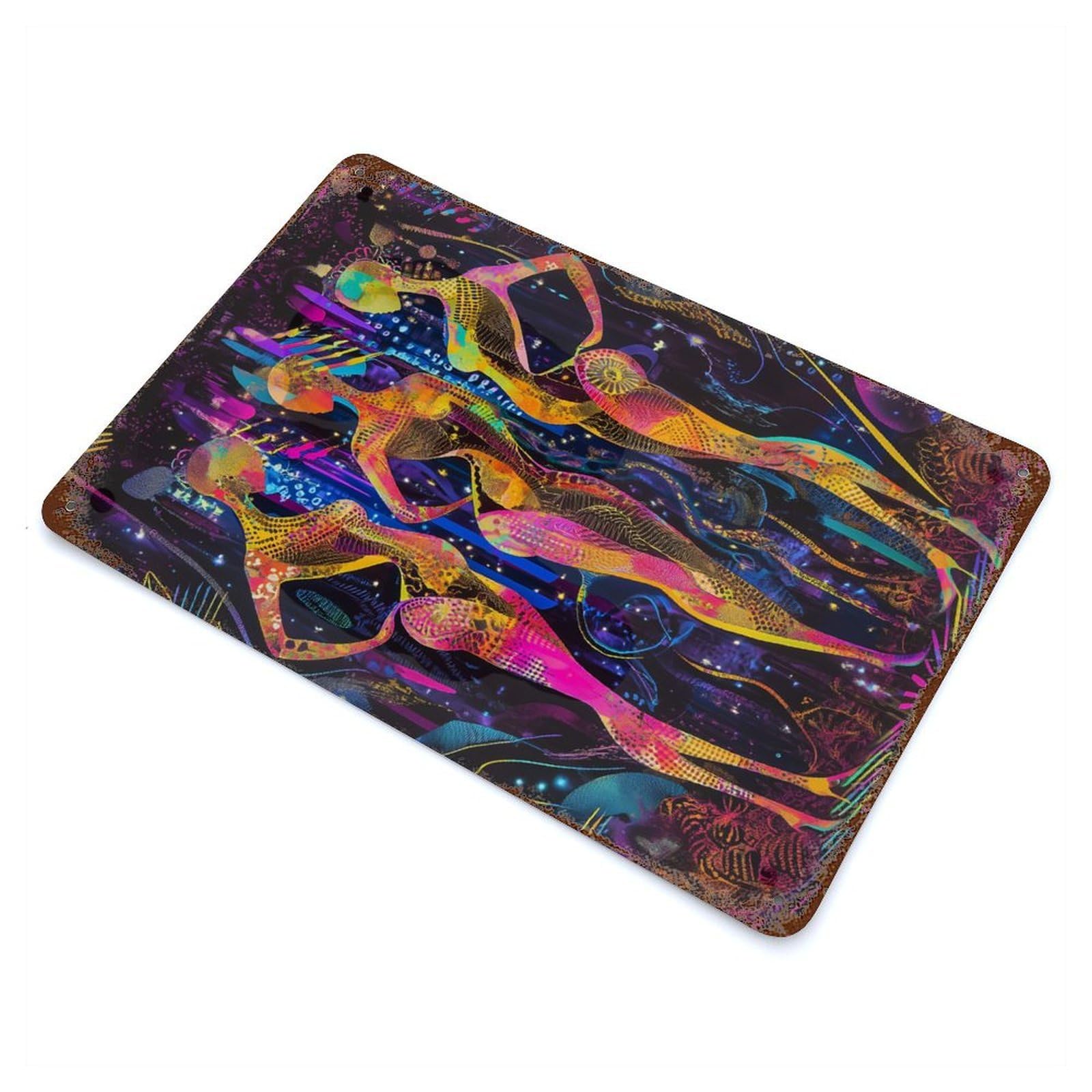 Neon Radiance – The Three Muses in A Futuristic Glow Vintage Rust Metal Sign 11.8"x7.9", Farmhouse Wall Decor for Garage, Pub Or Kitchen