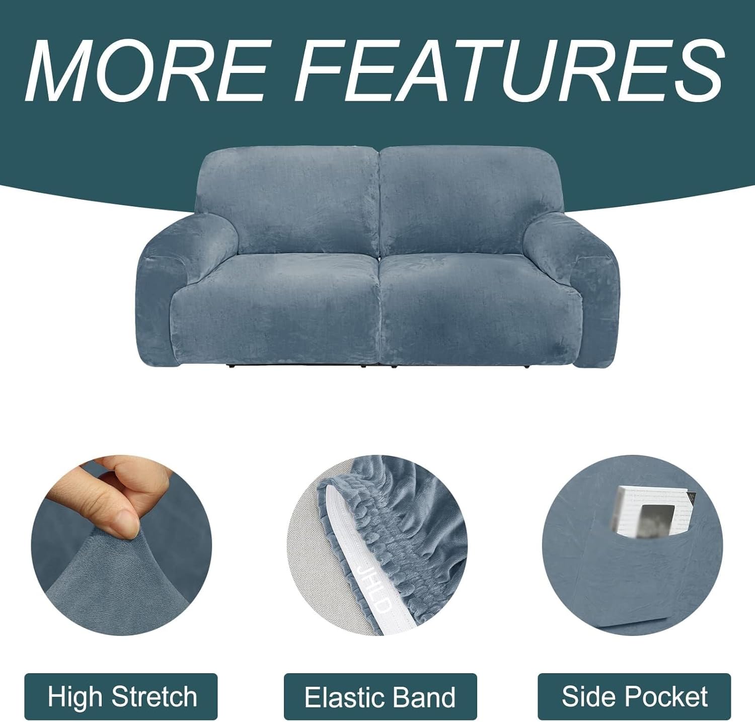 Extra Large Velvet Stretch Recliner Cover, 6 Pieces 2 Seater Recliner Cover Soft Recliner Cover for Living Room Pets(Bleu Gris)