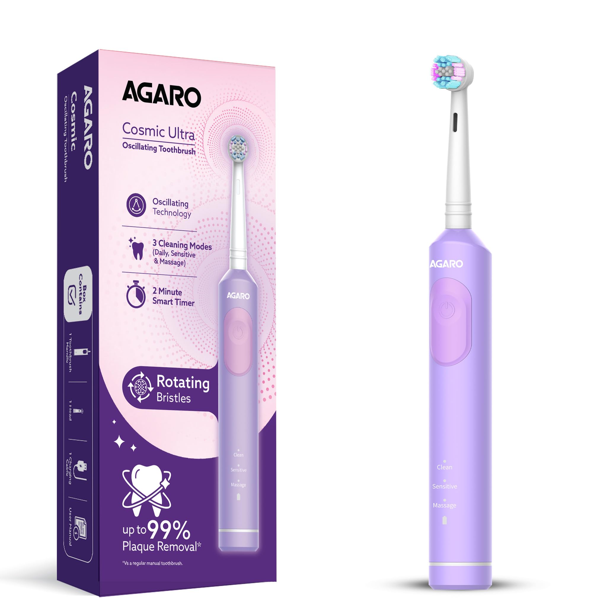 agaro cosmic ultra oscillating electric toothbrush with oscillating technology, pressure sensor, 1 brush head, 3 modes, 2-min smart timer, usb rechargeable (up to 21 days), ipx7 waterproof, purple