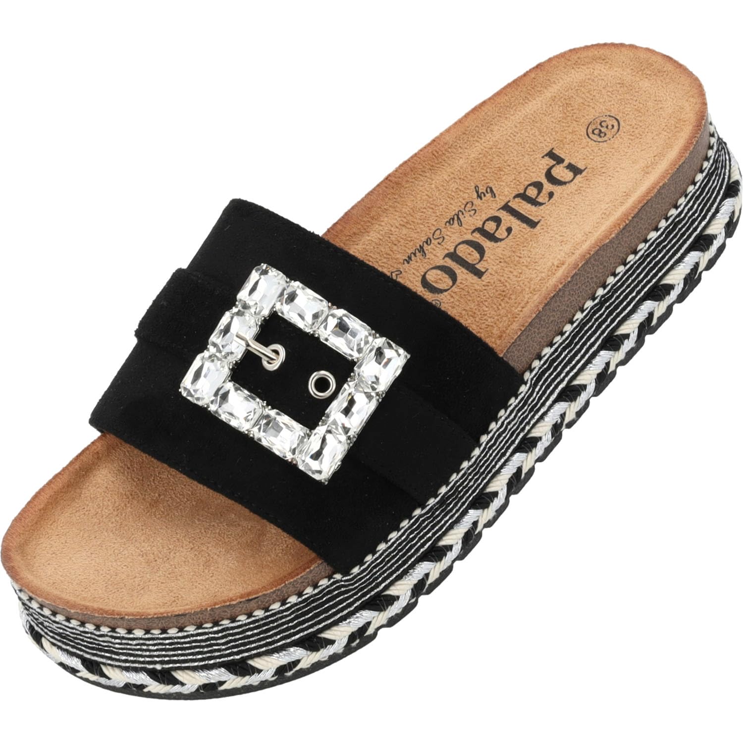 Palado Damen Pantoletten Inarona by Sila Sahin - bequeme Sandalen mit Plateau-Sohle - Hausschuhe mit Glitzerschnalle - modische Sommerschuhe
