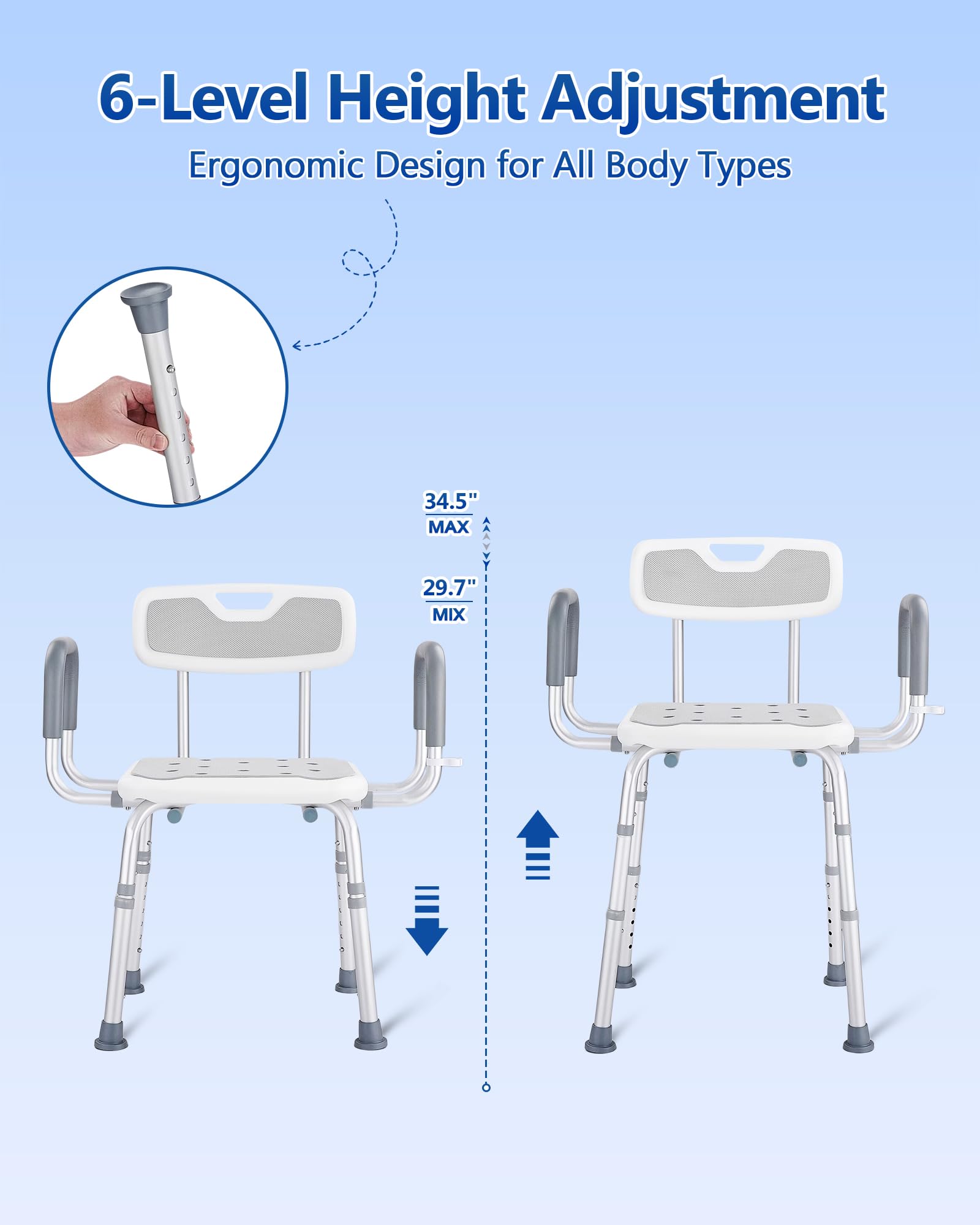 Silla de ducha para ducha interior con respaldo y brazos, silla de baño ajustable para personas mayores, asiento de ducha resistente para bañera interior, taburete de ducha de 330 libras para ancianos