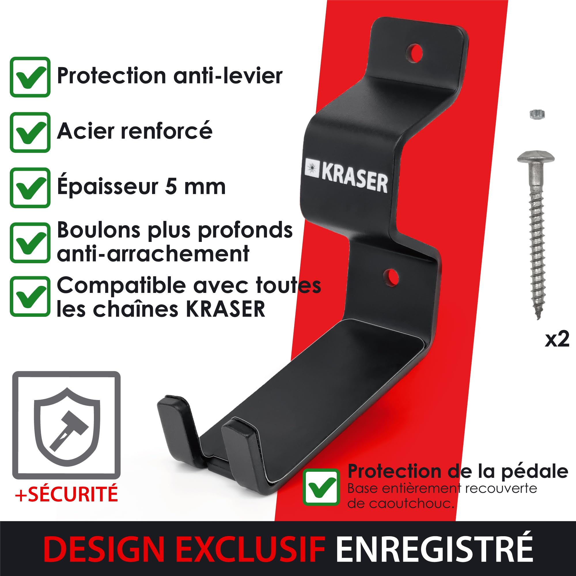 KRASER KR42P Support Velo Mural avec Ancrage Antivol 2en1 | Fixation par Pédale avec Point pour Chaîne | Double Appui Roue, Acier Renforcé 5 mm | Ancrage Mural Compatible Garage Vélo Électrique VTT