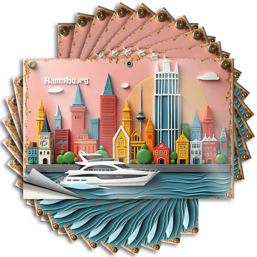 Fzfn Men's Colour Hamburg Cityscape With Yacht On Water Mini Lettering Sticker | Mancave Stuff For Waterproof Vinyl Cover Billiards Removable Decal Peel Stick(12X18cm)