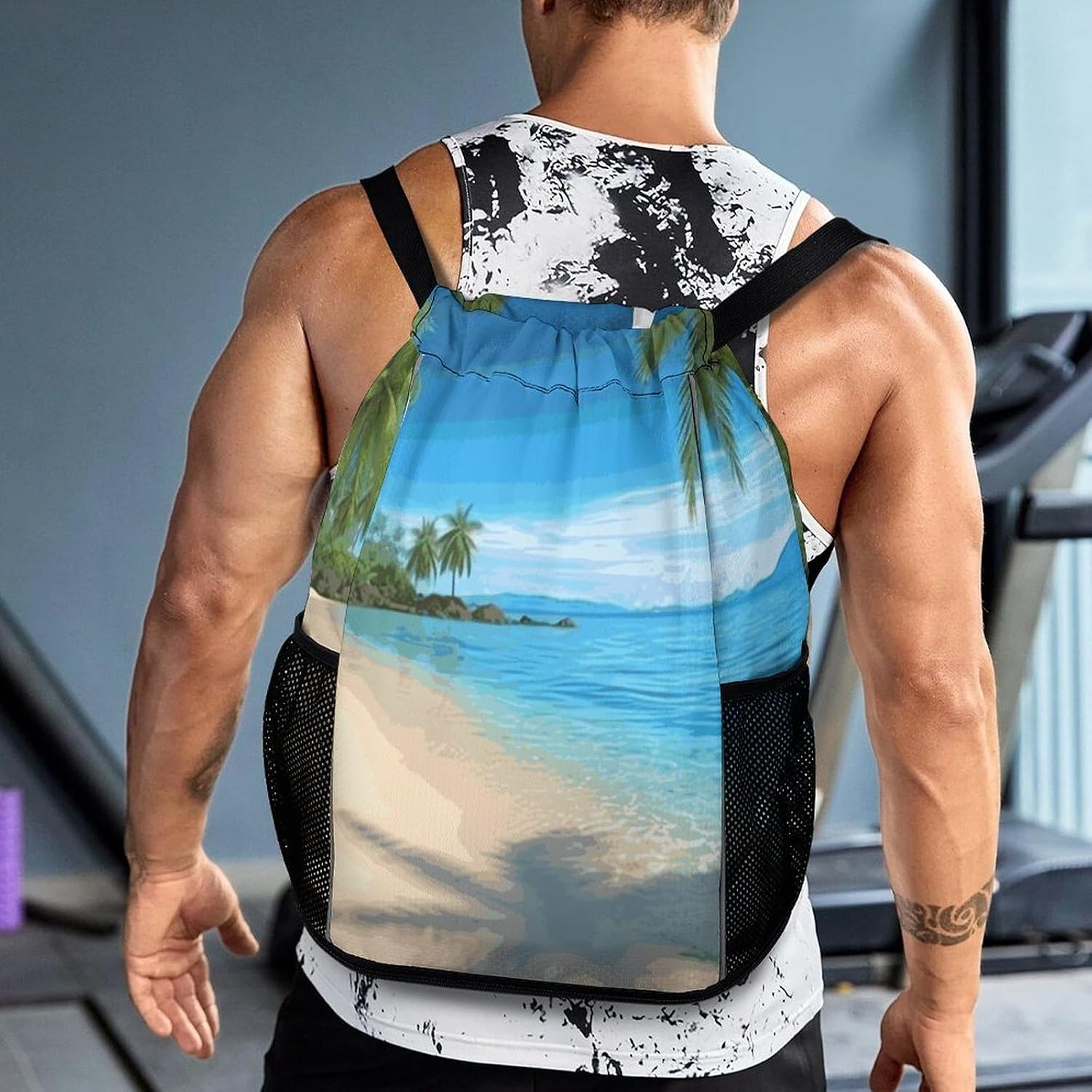 Hawaiian Beach with Palm Trees Drawstring Backpack with Shoes Compartment Sports Cinch Sack Beach Swim Gym Bag Durable Water Resistant Drawstring Bag for Men Women