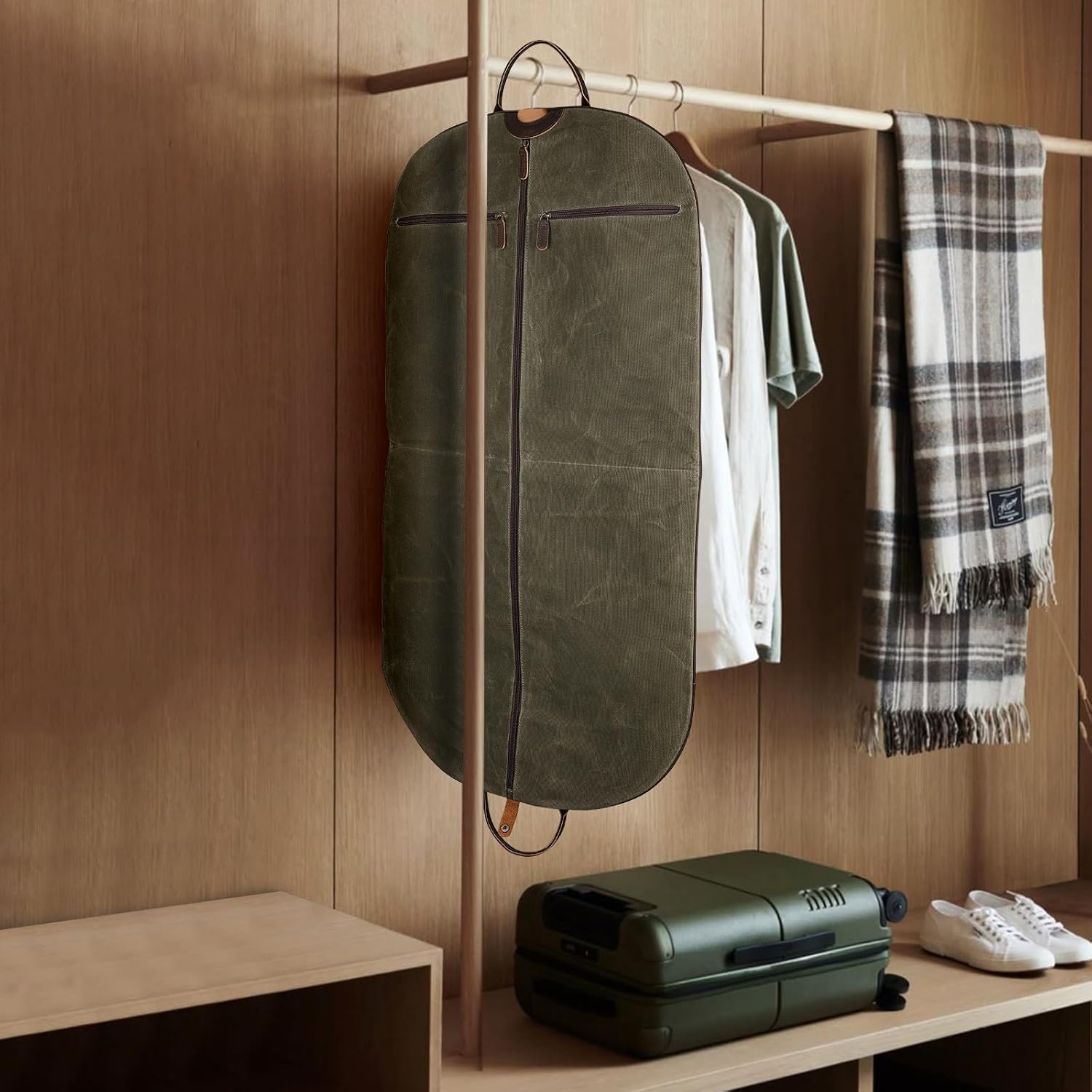 Polare 43” Waxed Canvas Full Grain Leather Trim Carry On Garment Bag for Travel, Waterproof Dust-Proof Foldable Hanging Suitcase Weekender Garment Cover with YKK Zipper (Army Green) - Image 7